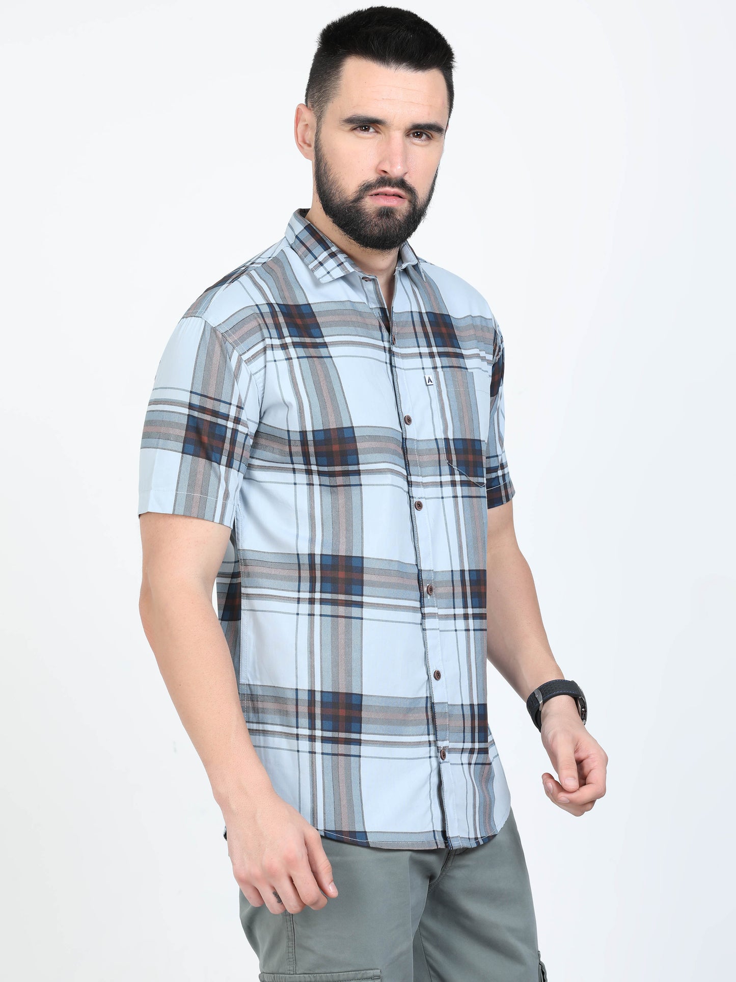 Broadchecks Aquablue Cotton Half Sleeve Check Shirts Men
