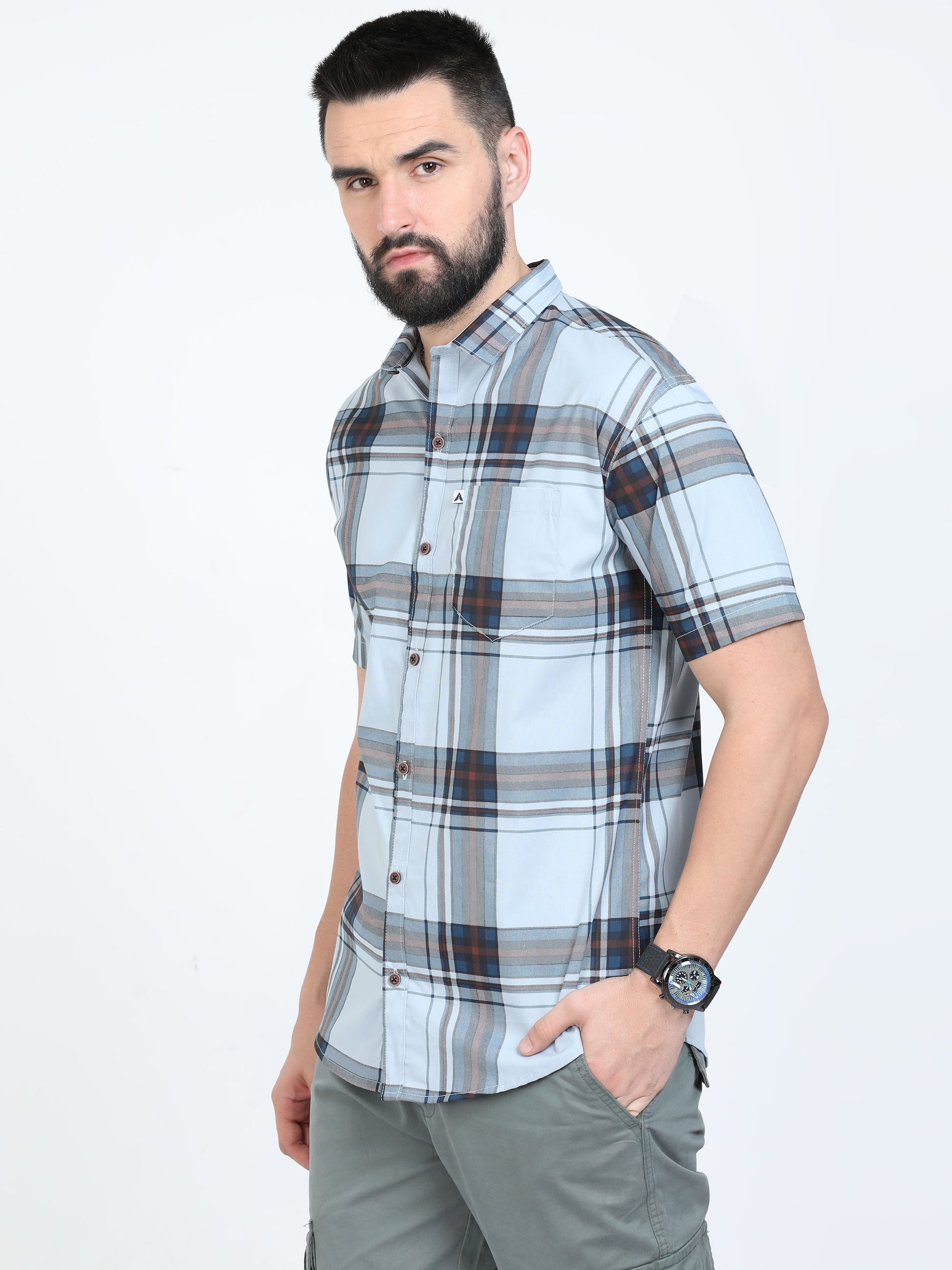 Broadchecks Aquablue Cotton Half Sleeve Check Shirts Men