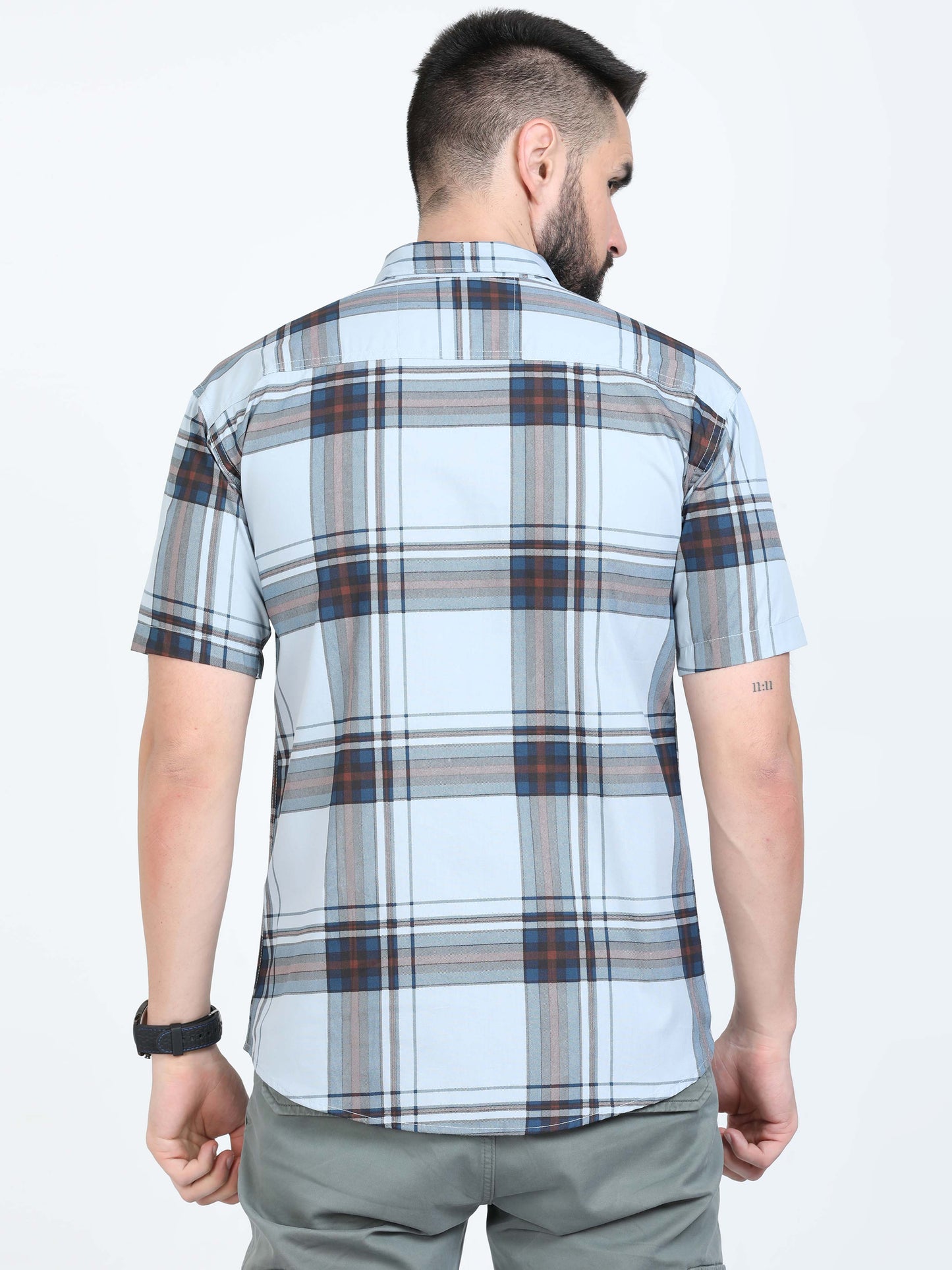 Broadchecks Aquablue Cotton Half Sleeve Check Shirts Men