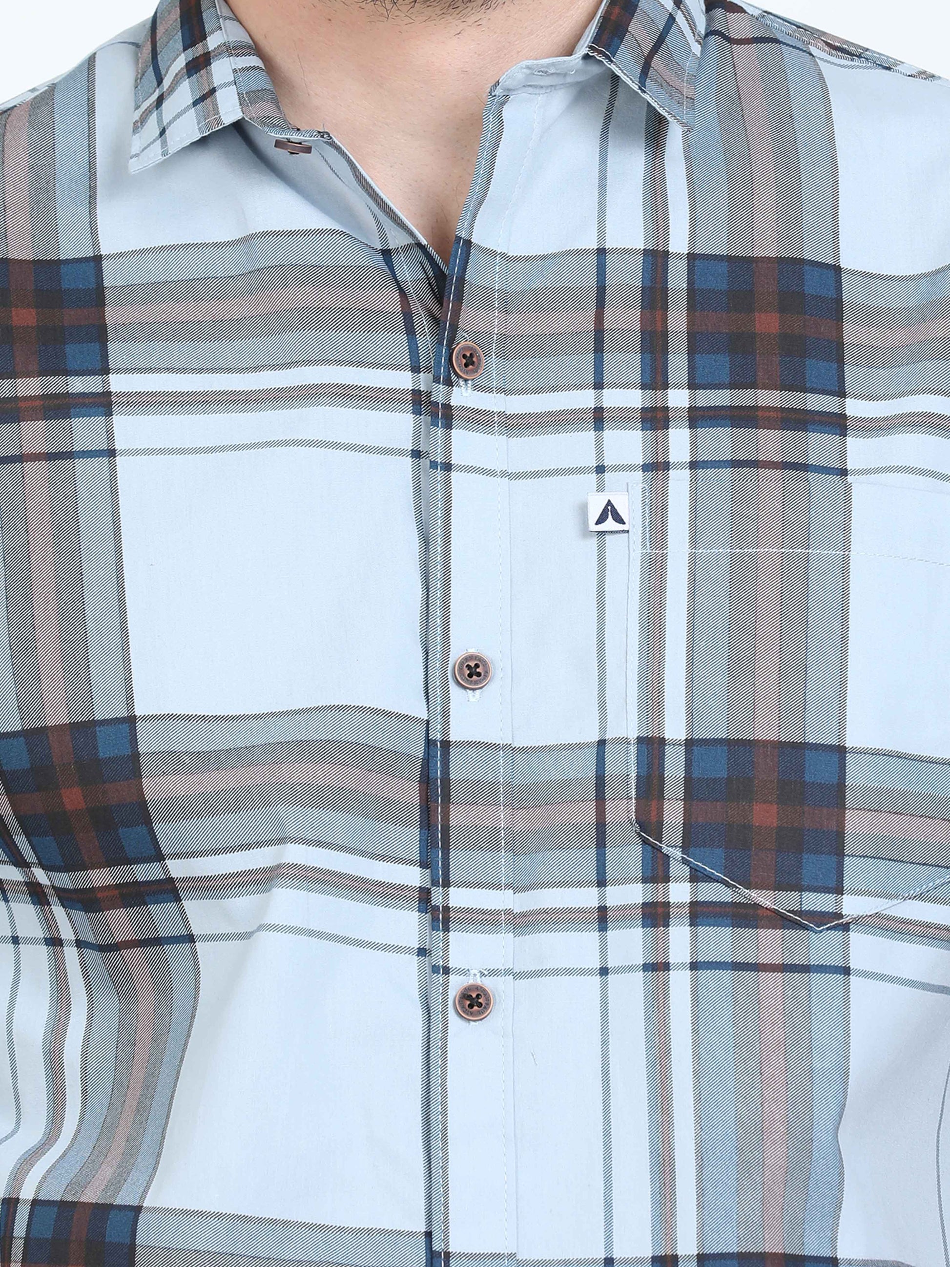 Broadchecks Aquablue Cotton Half Sleeve Check Shirts Men