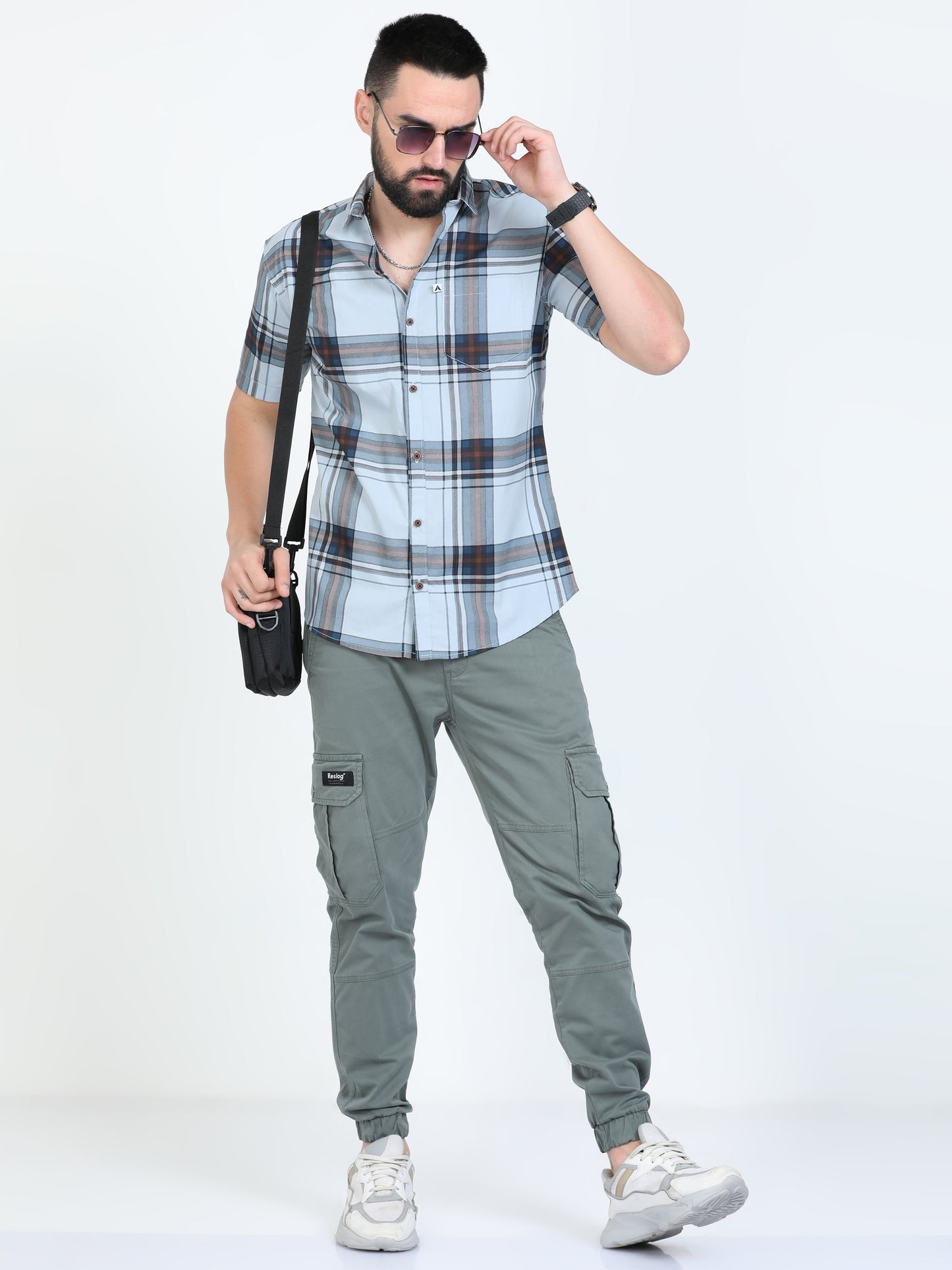 Broadchecks Aquablue Cotton Half Sleeve Check Shirts Men