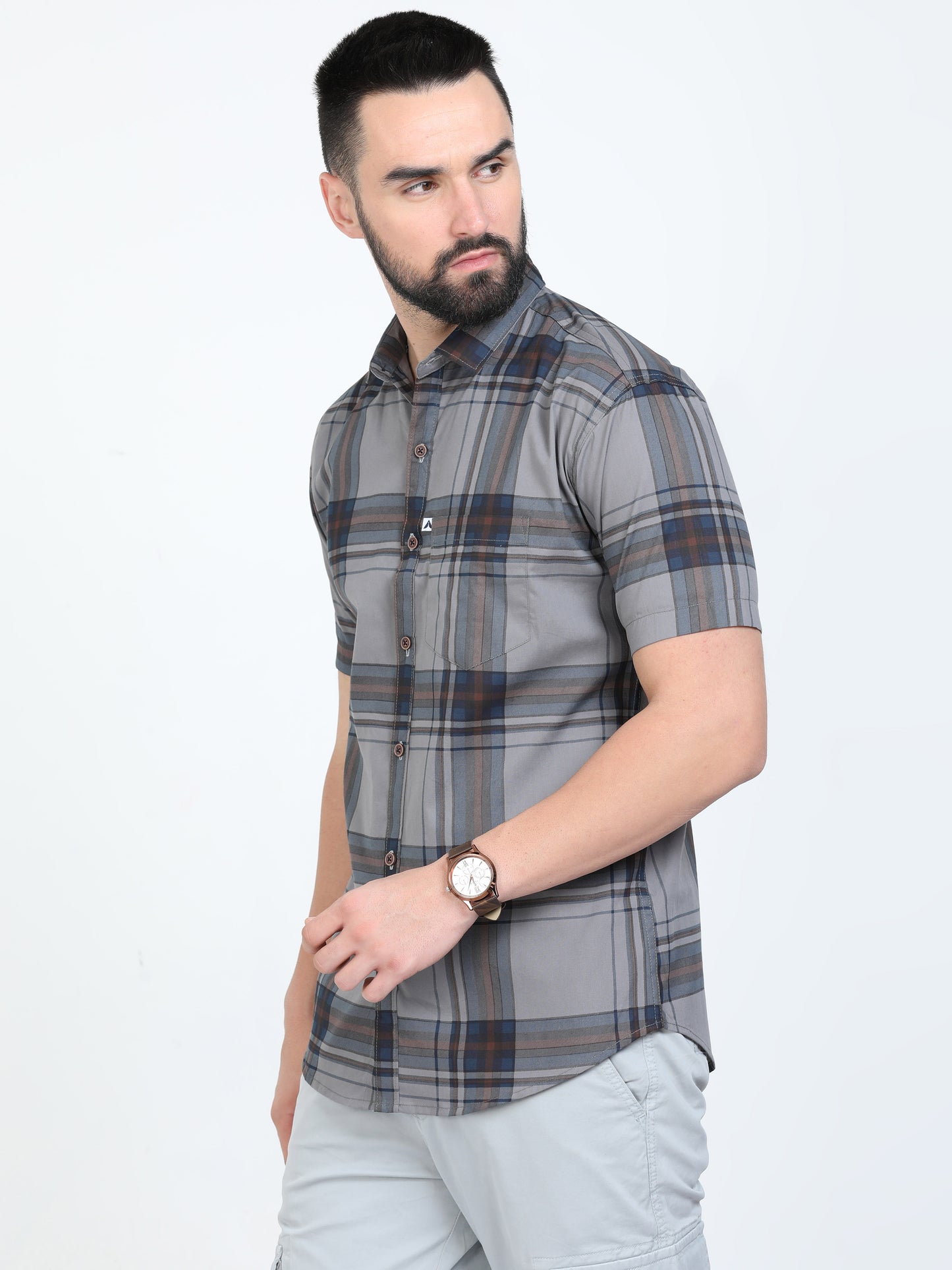 Broadchecks Grey Half Sleeve Check Shirt for Men
