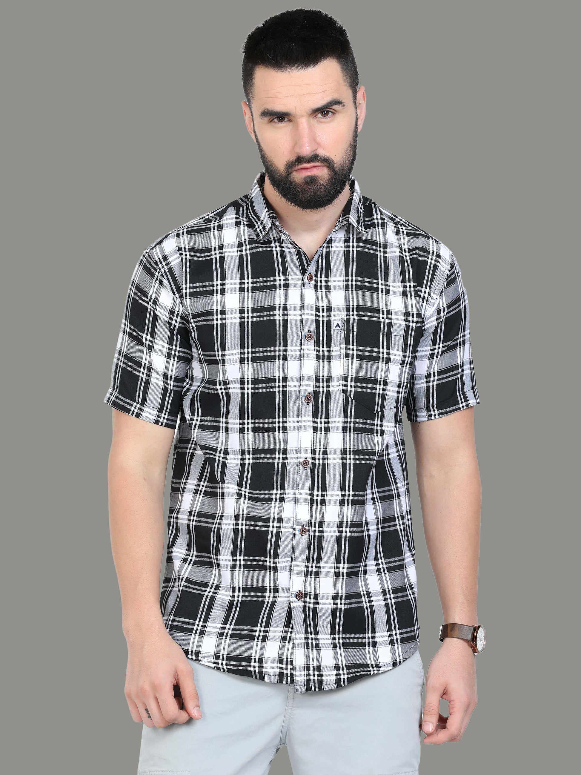 Tiger White Cotton Plaid Shirt For Men