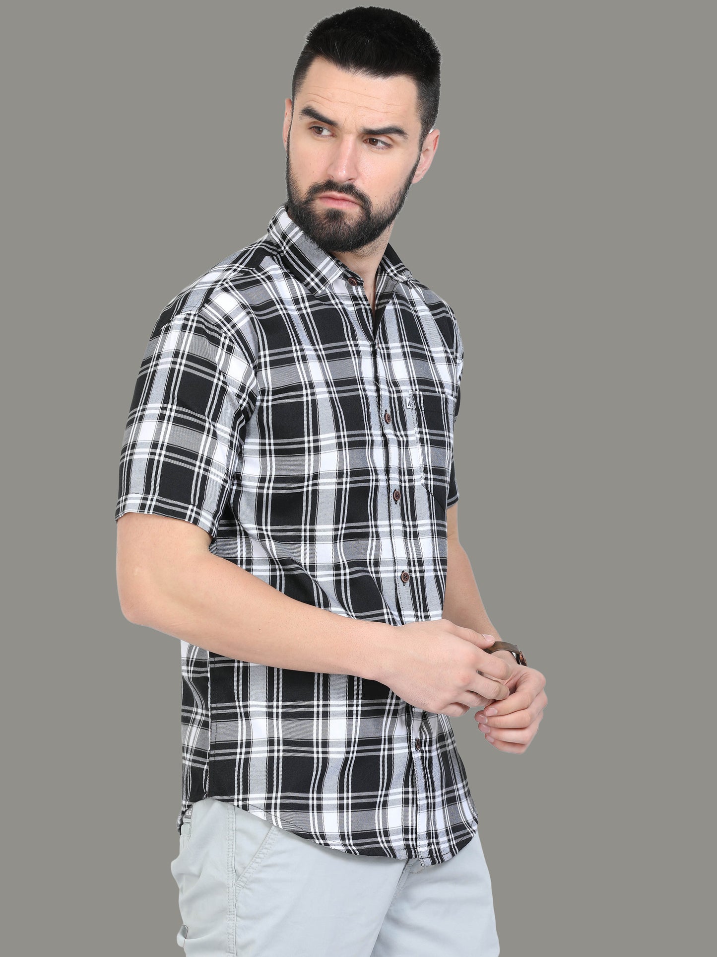 Tiger White Cotton Plaid Shirt For Men
