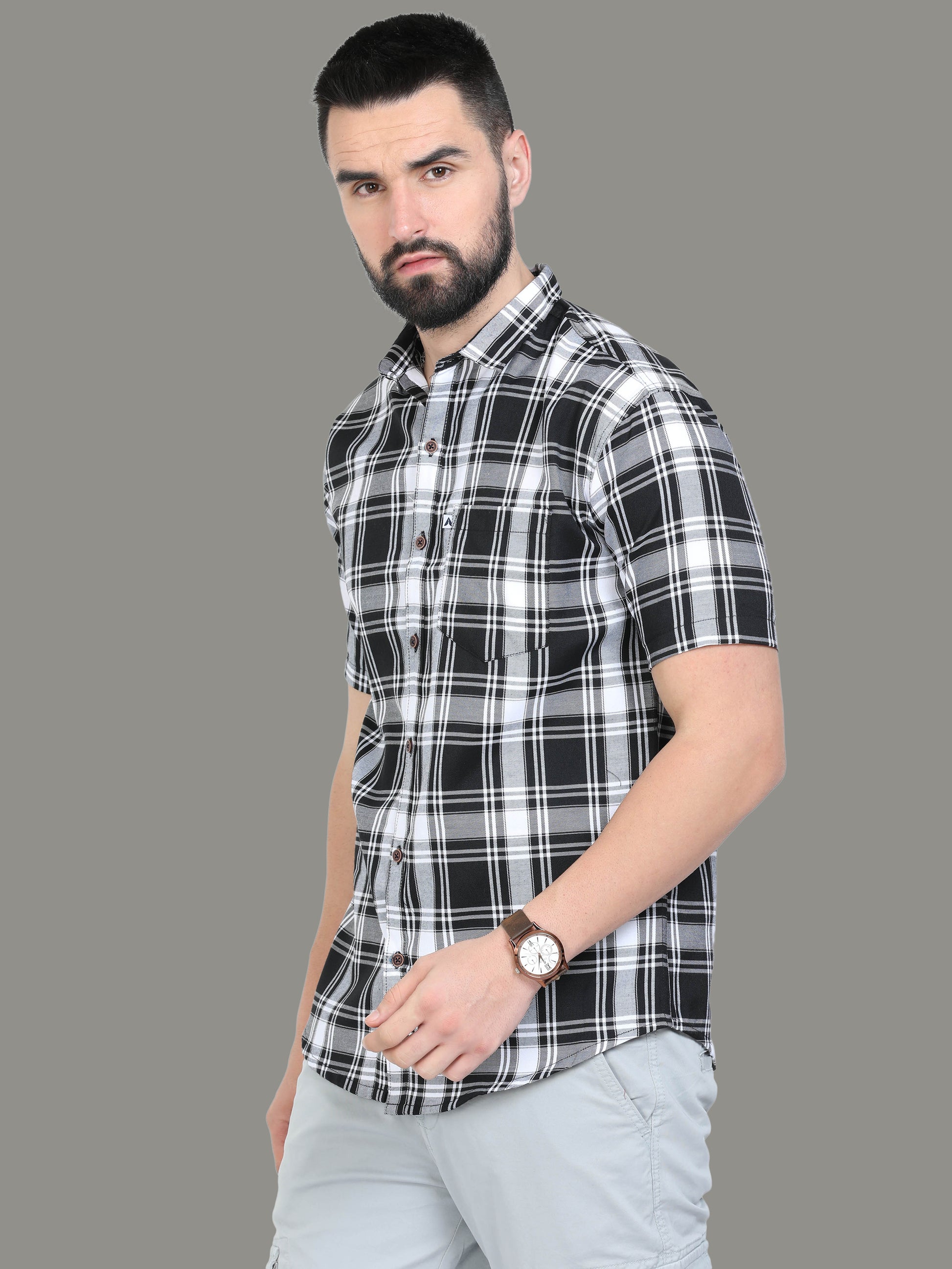 Tiger White Cotton Plaid Shirt For Men