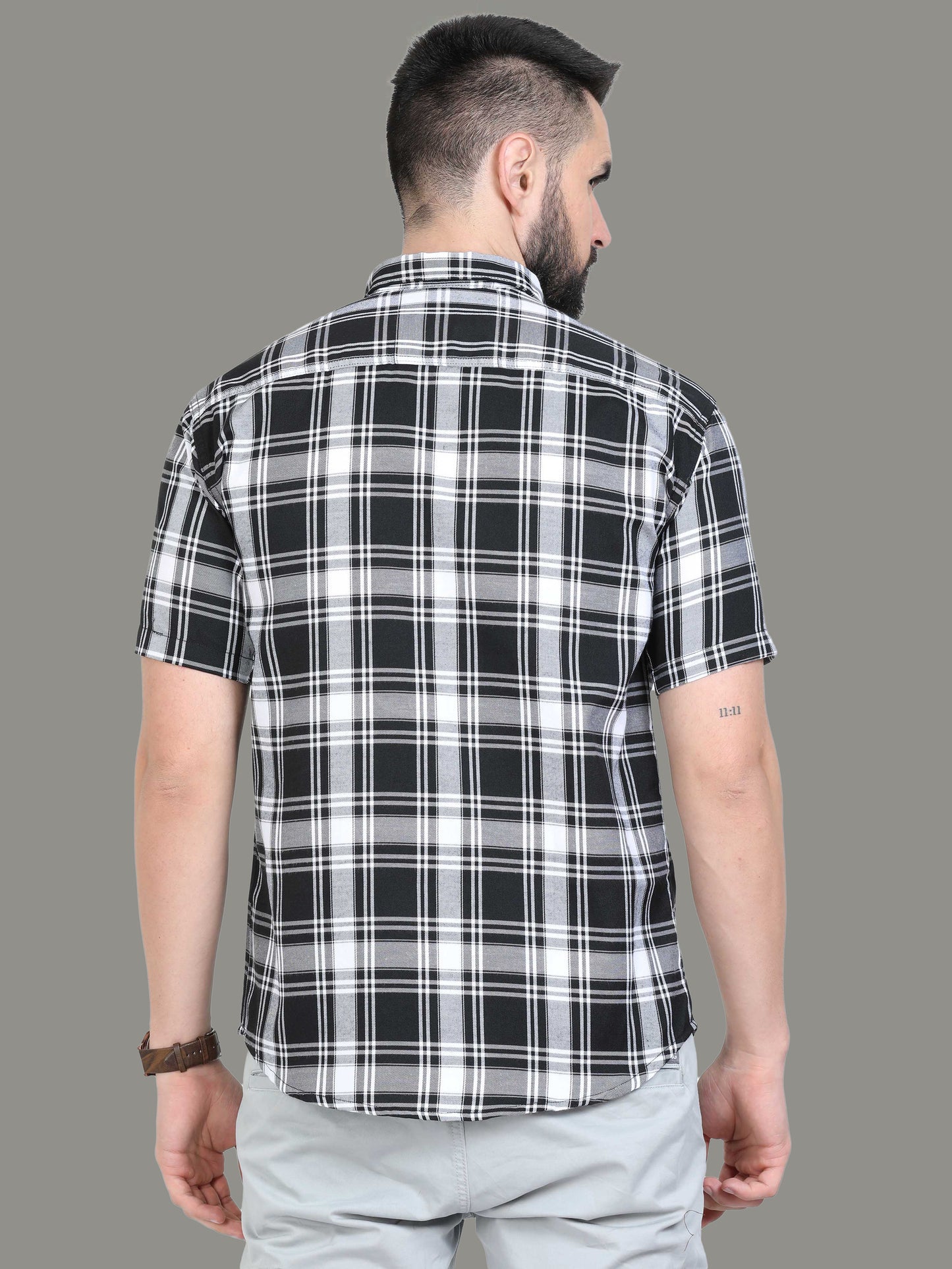 Tiger White Cotton Plaid Shirt For Men