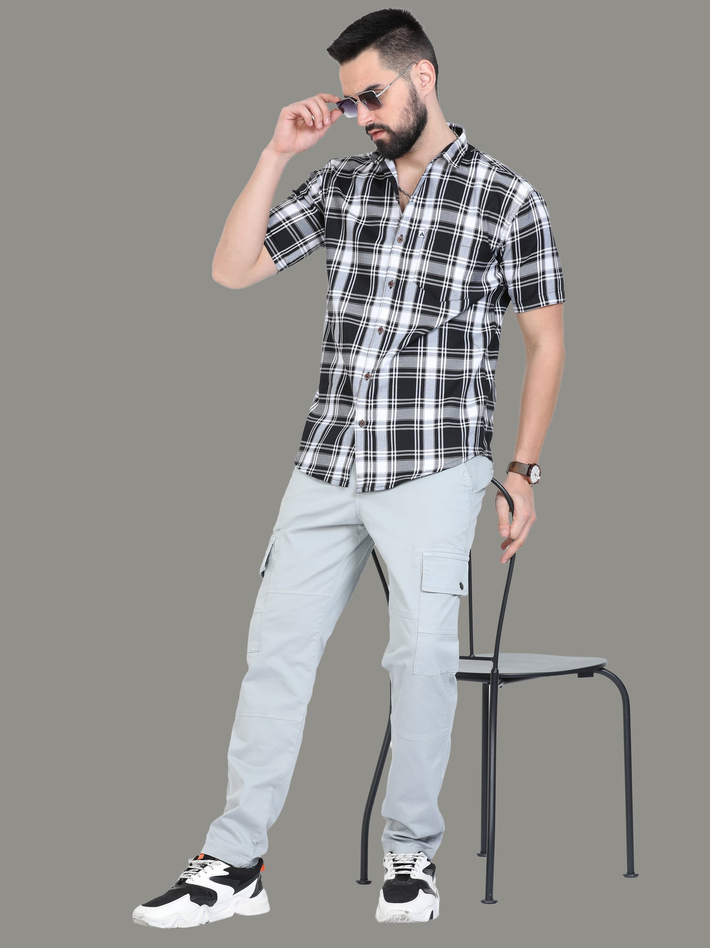 Tiger White Cotton Plaid Shirt For Men