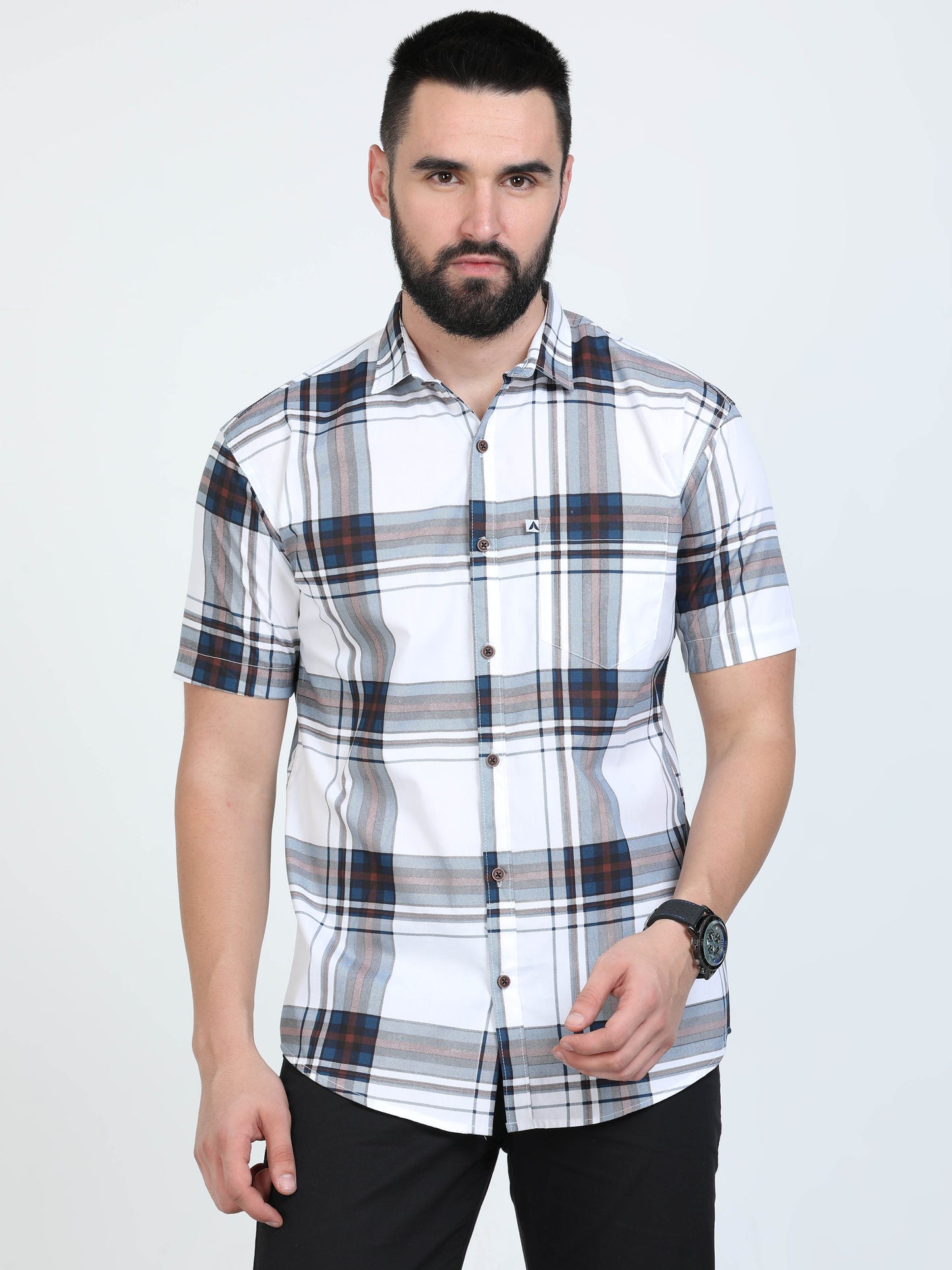 Broadchecks White Mens Half Sleeve Check Shirts