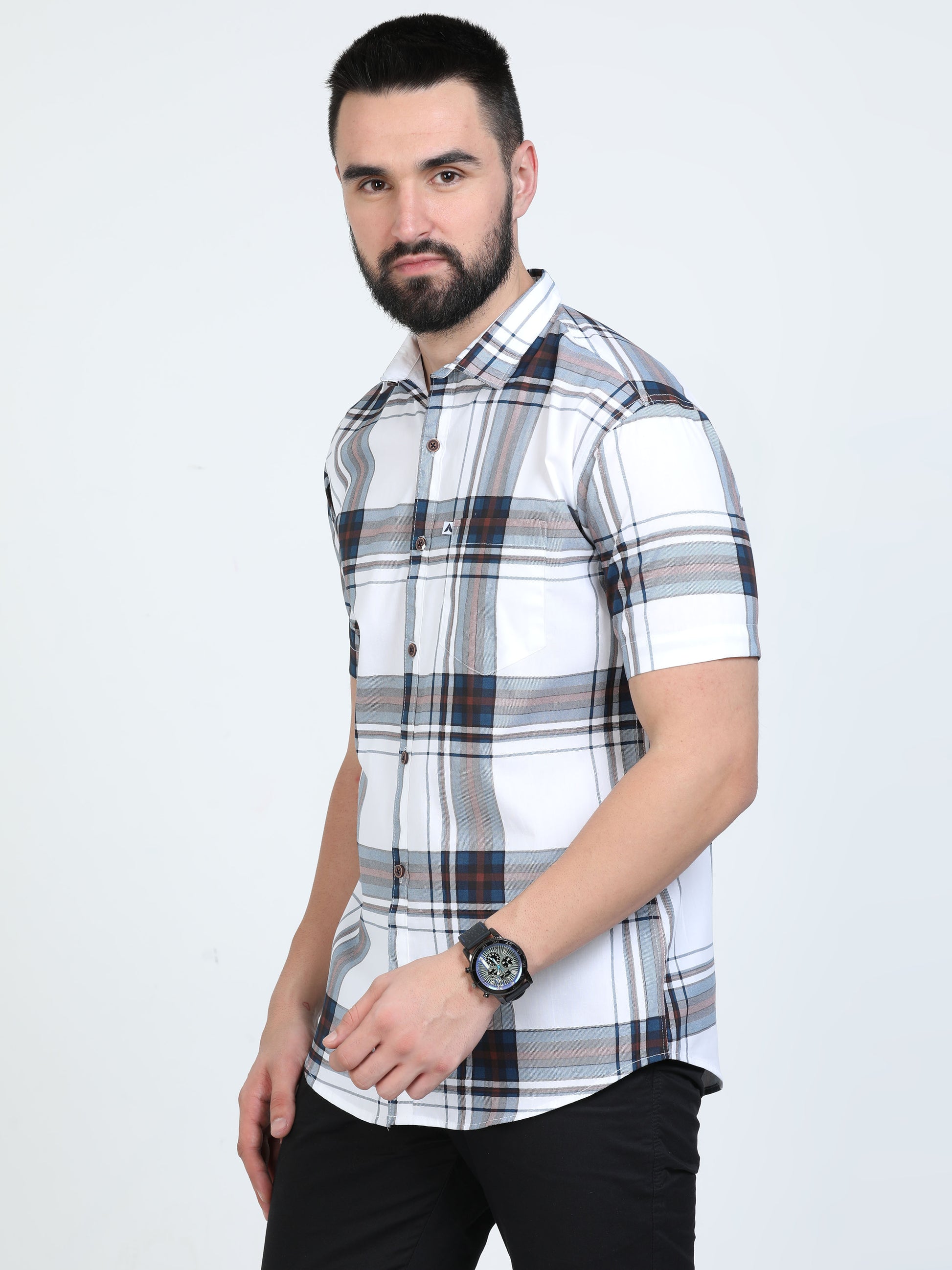 Broadchecks White Mens Half Sleeve Check Shirts