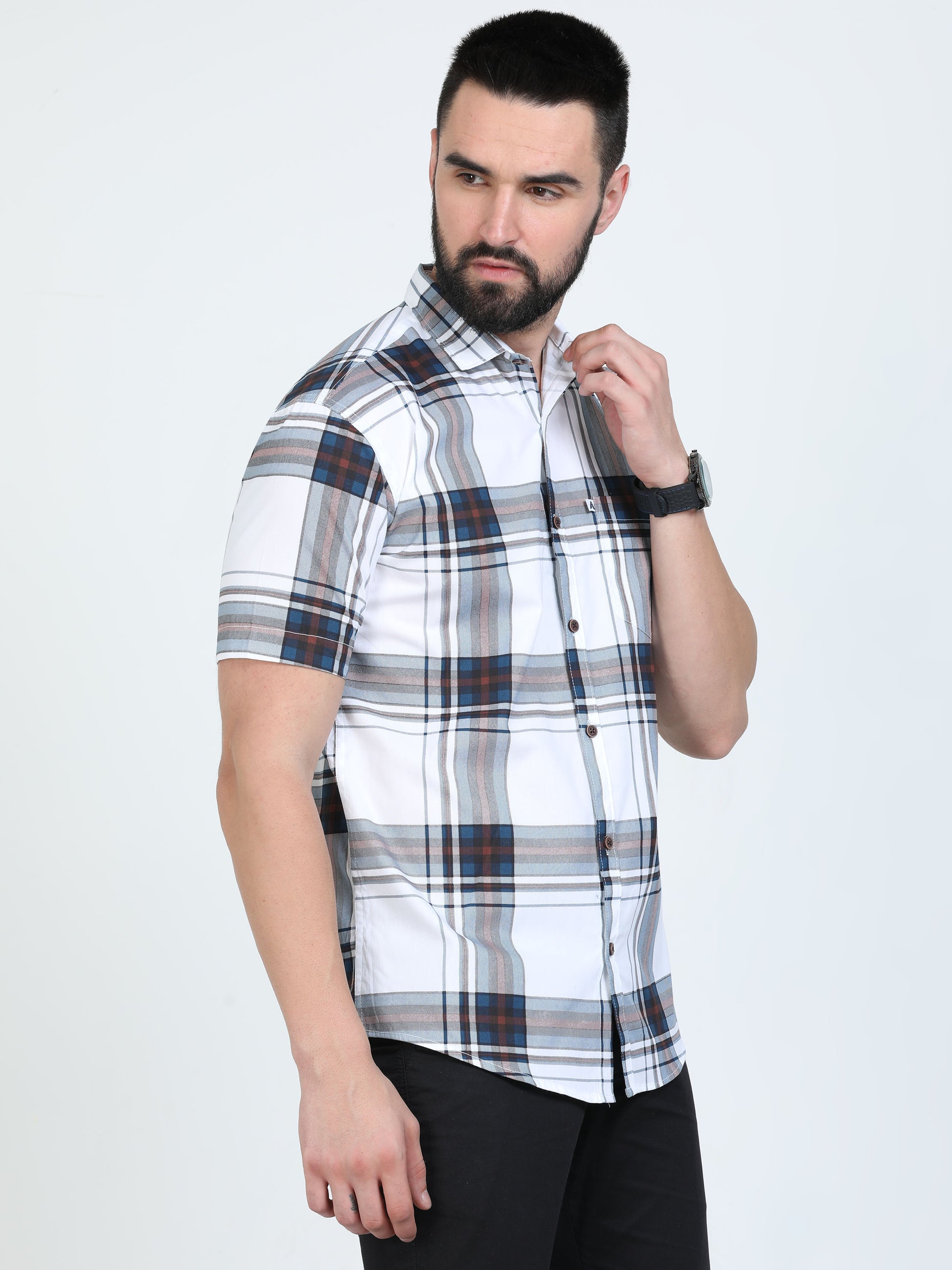 Broadchecks White Mens Half Sleeve Check Shirts