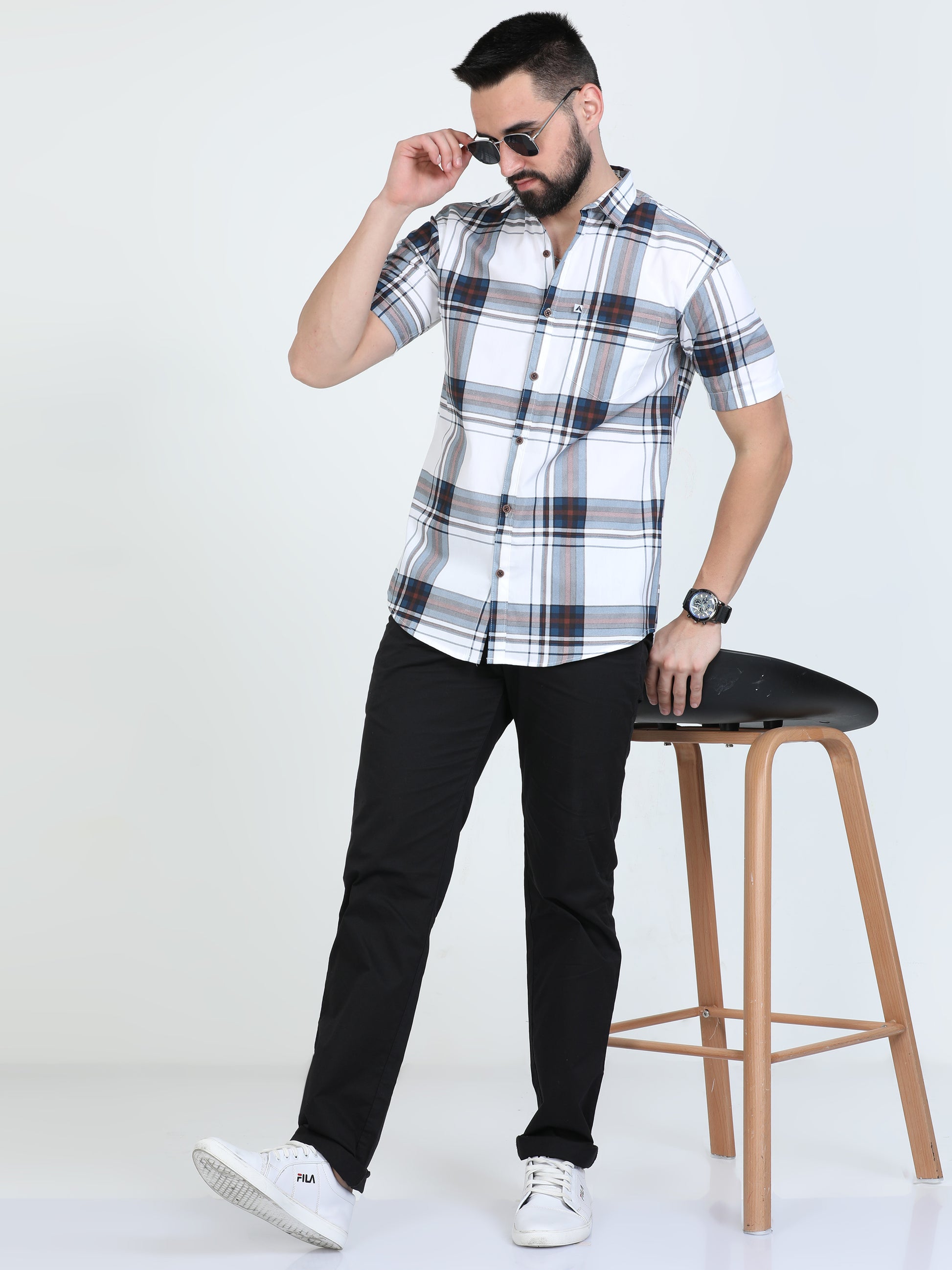Broadchecks White Mens Half Sleeve Check Shirts