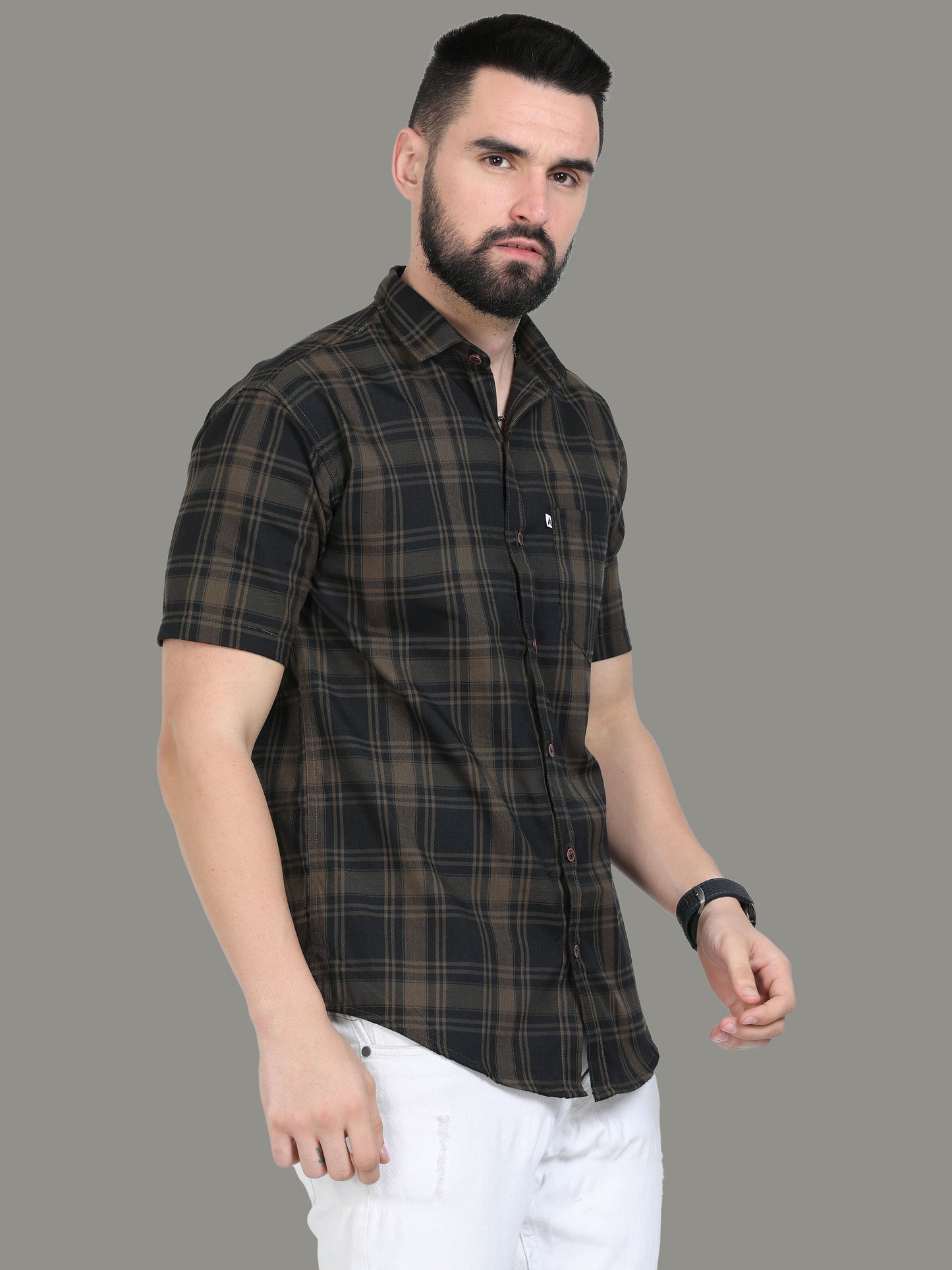 Half Sleeve Cotton Blend Tiger Brown Colour Check Shirt Men