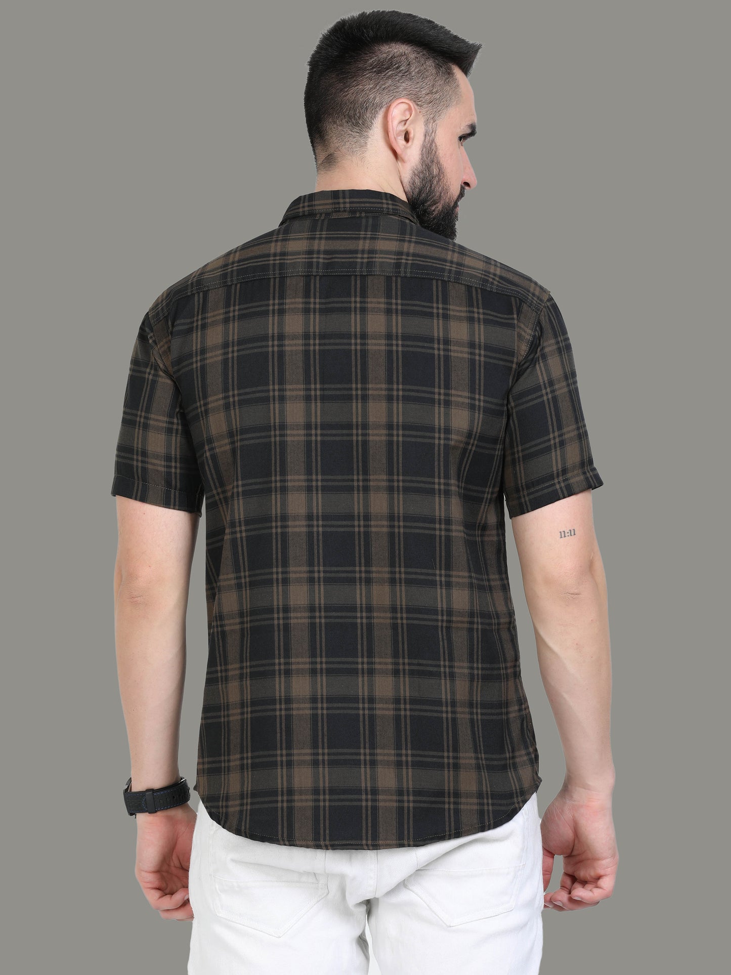 Half Sleeve Cotton Blend Tiger Brown Colour Check Shirt Men