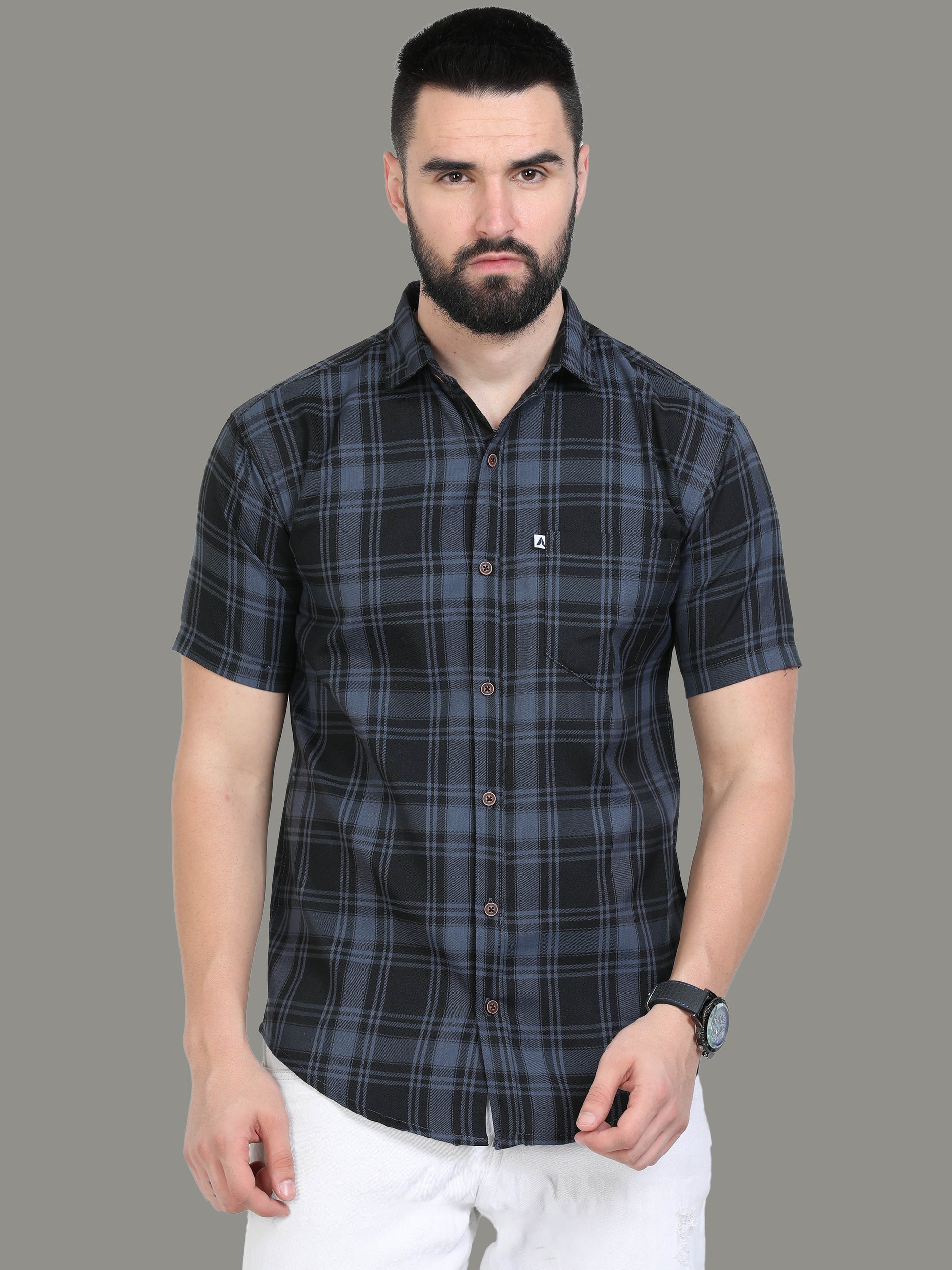 Tiger Cotton Blend  Half Sleeve Grey Check Shirt Men
