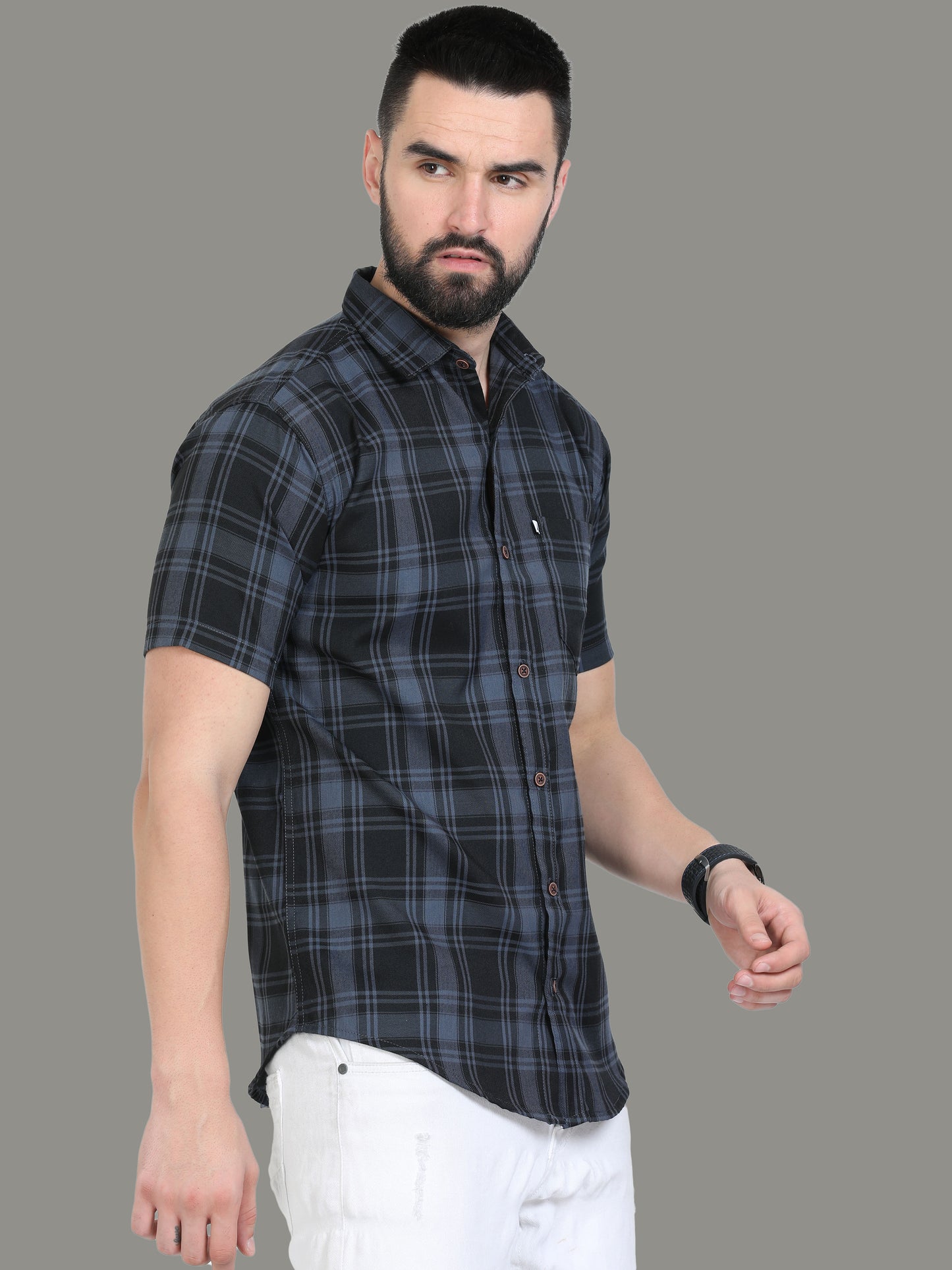 Tiger Cotton Blend  Half Sleeve Grey Check Shirt Men