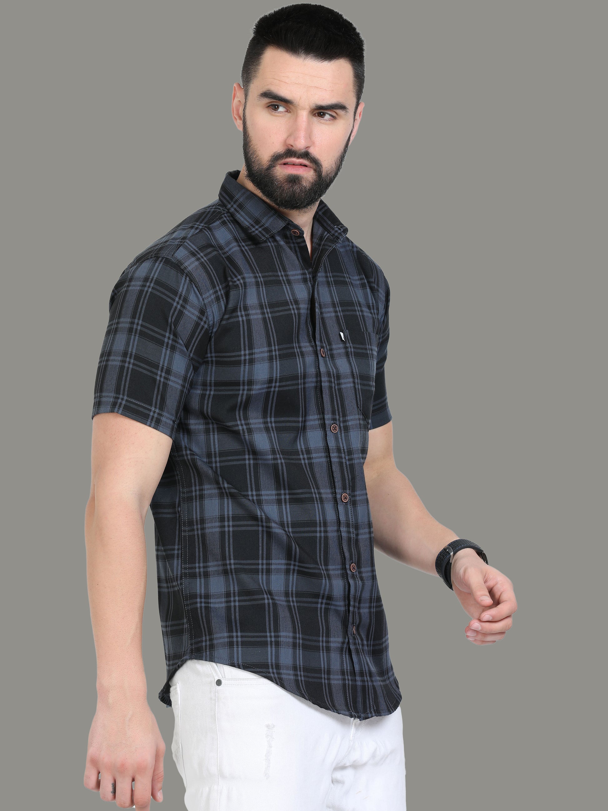 Tiger Cotton Blend  Half Sleeve Grey Check Shirt Men