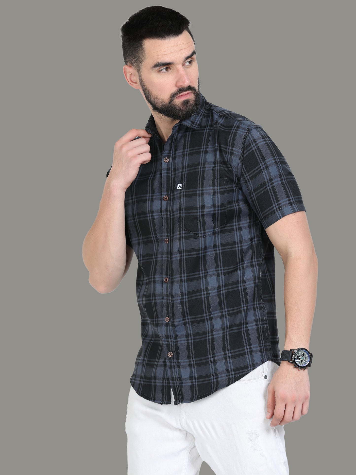 Tiger Cotton Blend  Half Sleeve Grey Check Shirt Men