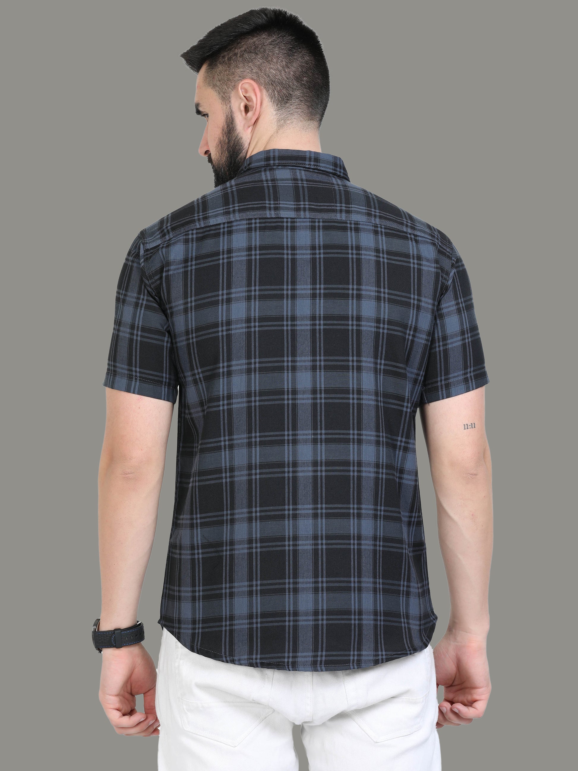 Tiger Cotton Blend  Half Sleeve Grey Check Shirt Men