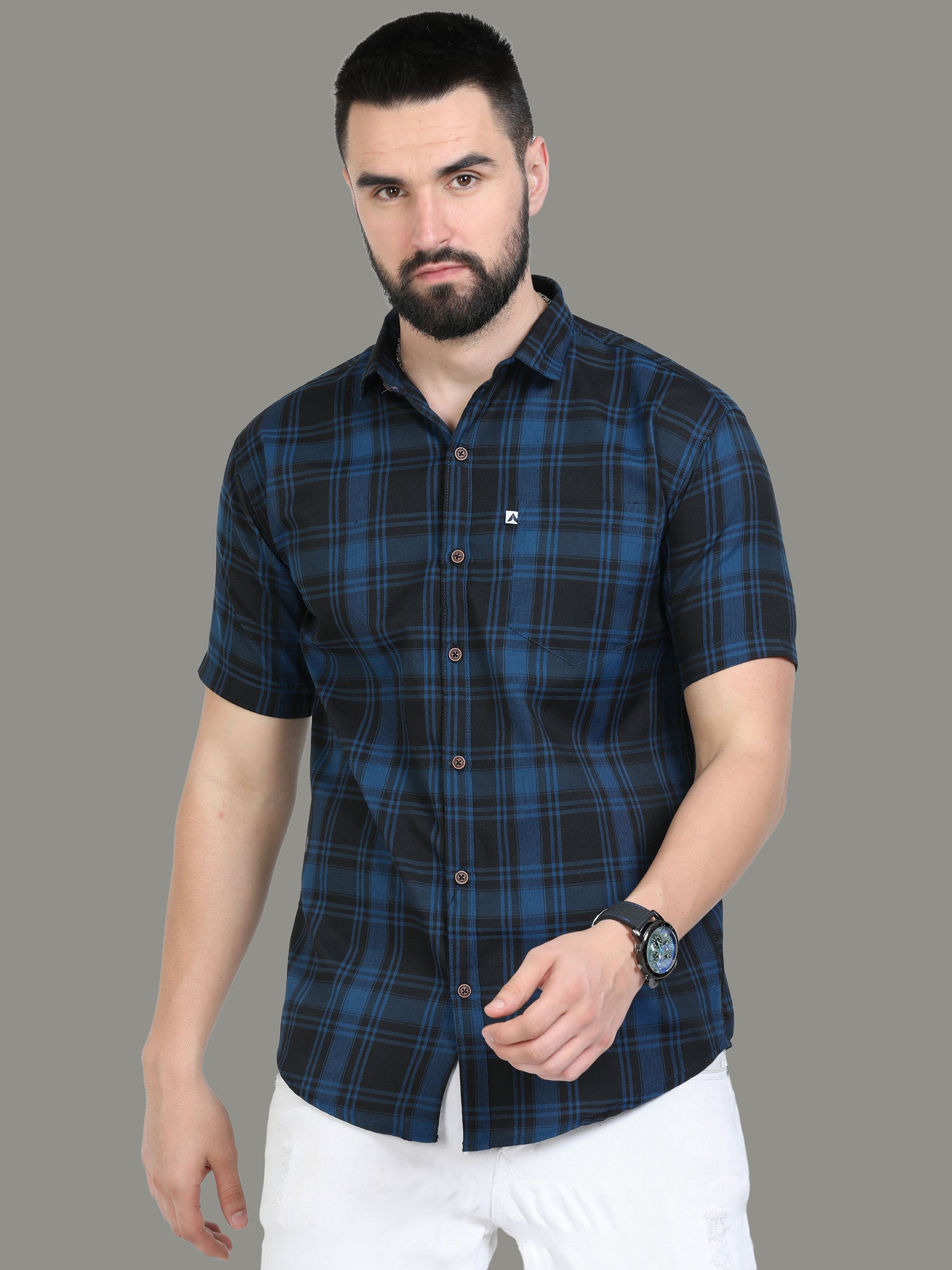 Tiger Cotton Blend Navy Blue Check Shirt Men Online