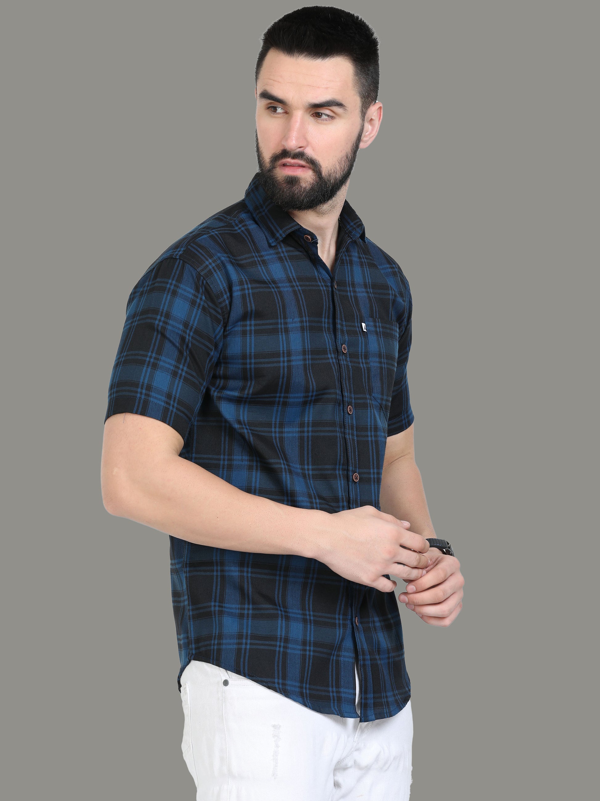 Tiger Cotton Blend Navy Blue Check Shirt Men Online