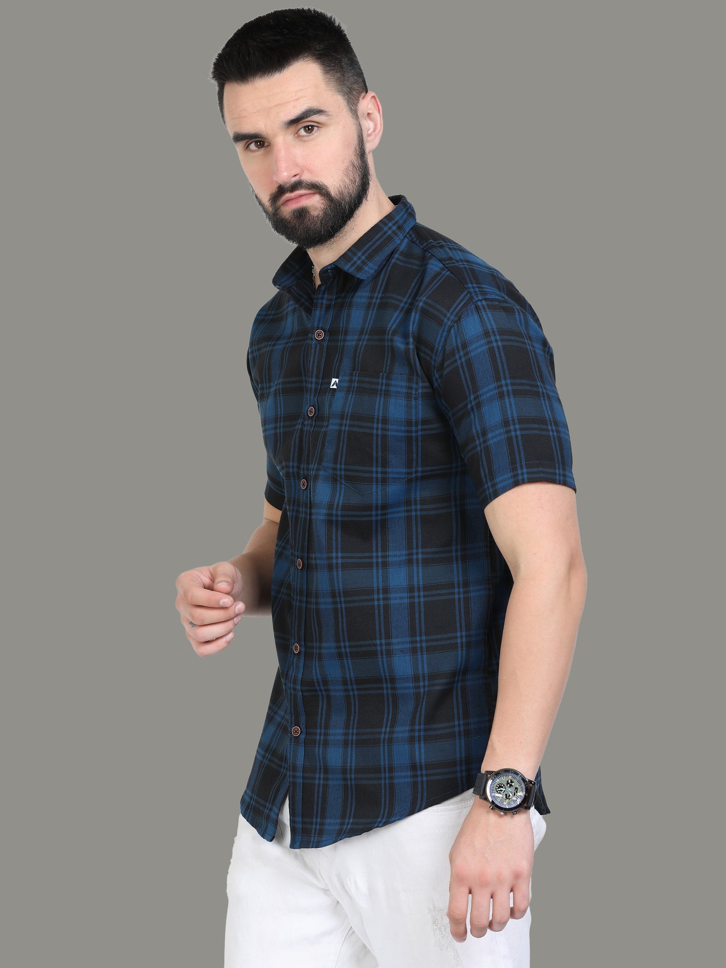 Tiger Cotton Blend Navy Blue Check Shirt Men Online