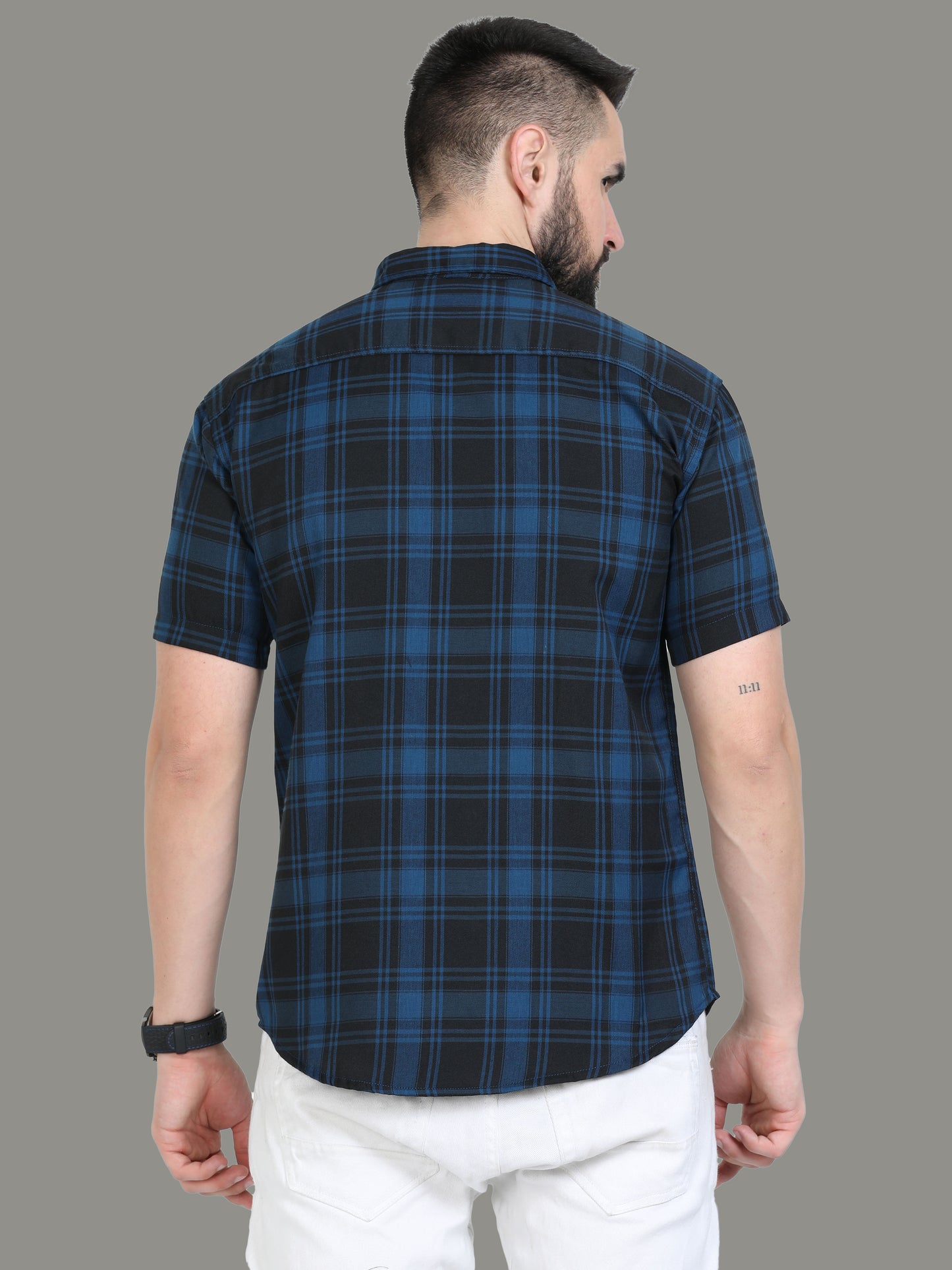 Tiger Cotton Blend Navy Blue Check Shirt Men Online