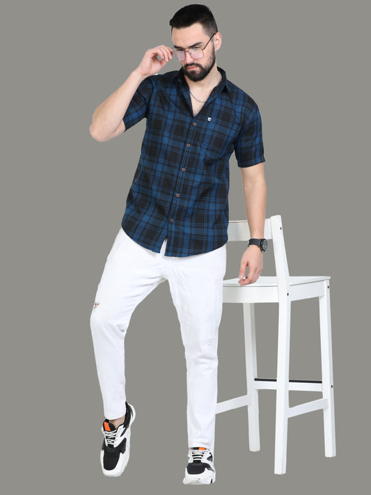 Tiger Cotton Blend Navy Blue Check Shirt Men Online