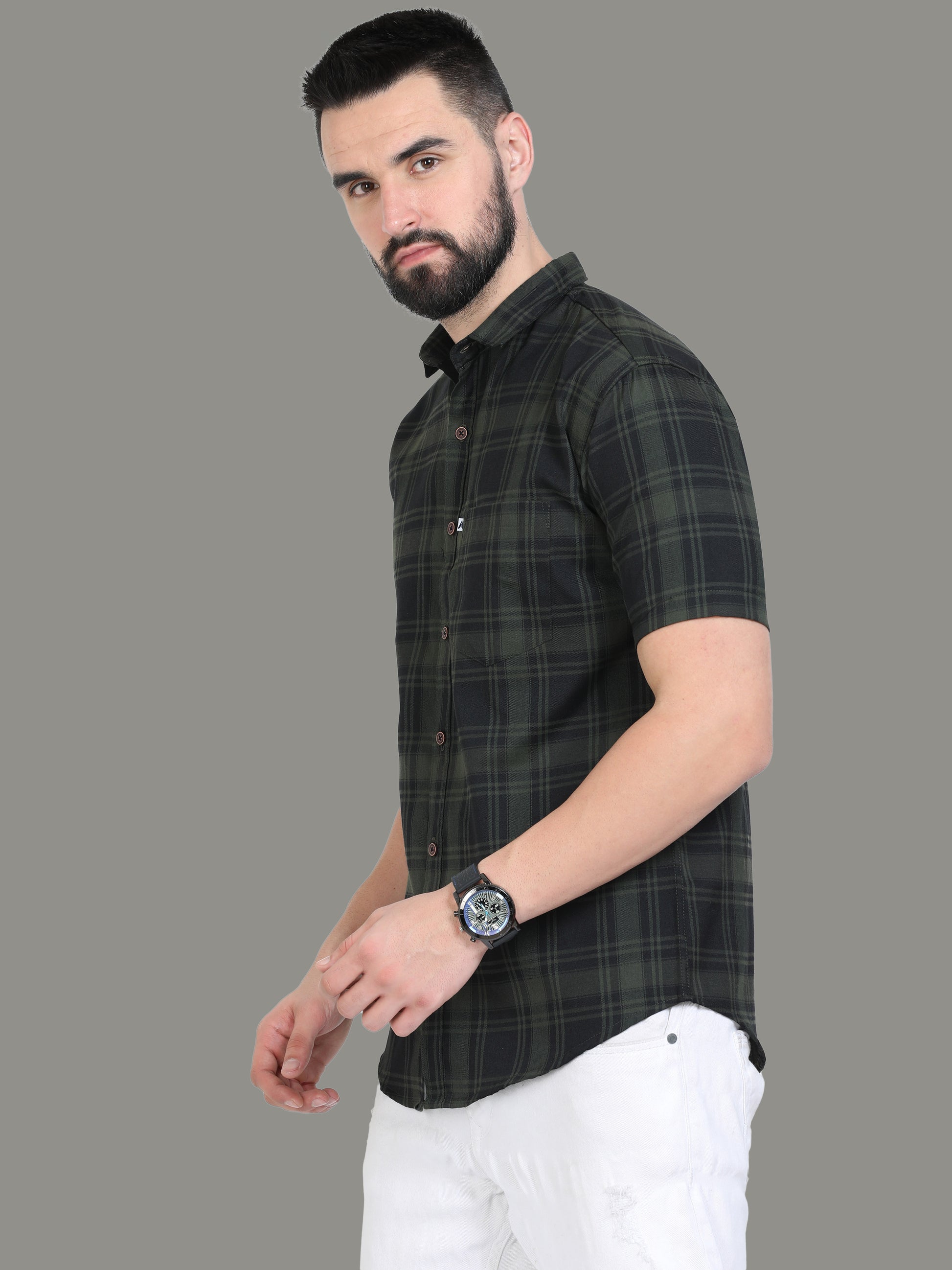 Tiger Cotton Blend Green Trendy Checked Shirt For Men