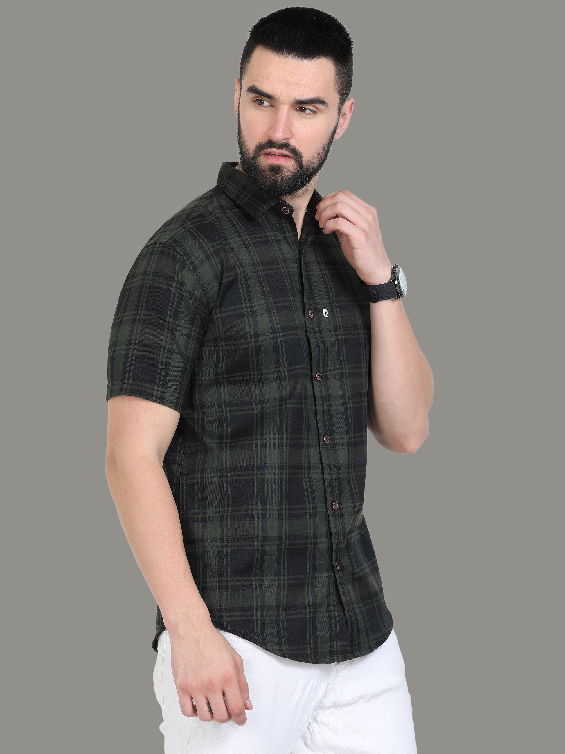 Tiger Cotton Blend Green Trendy Checked Shirt For Men