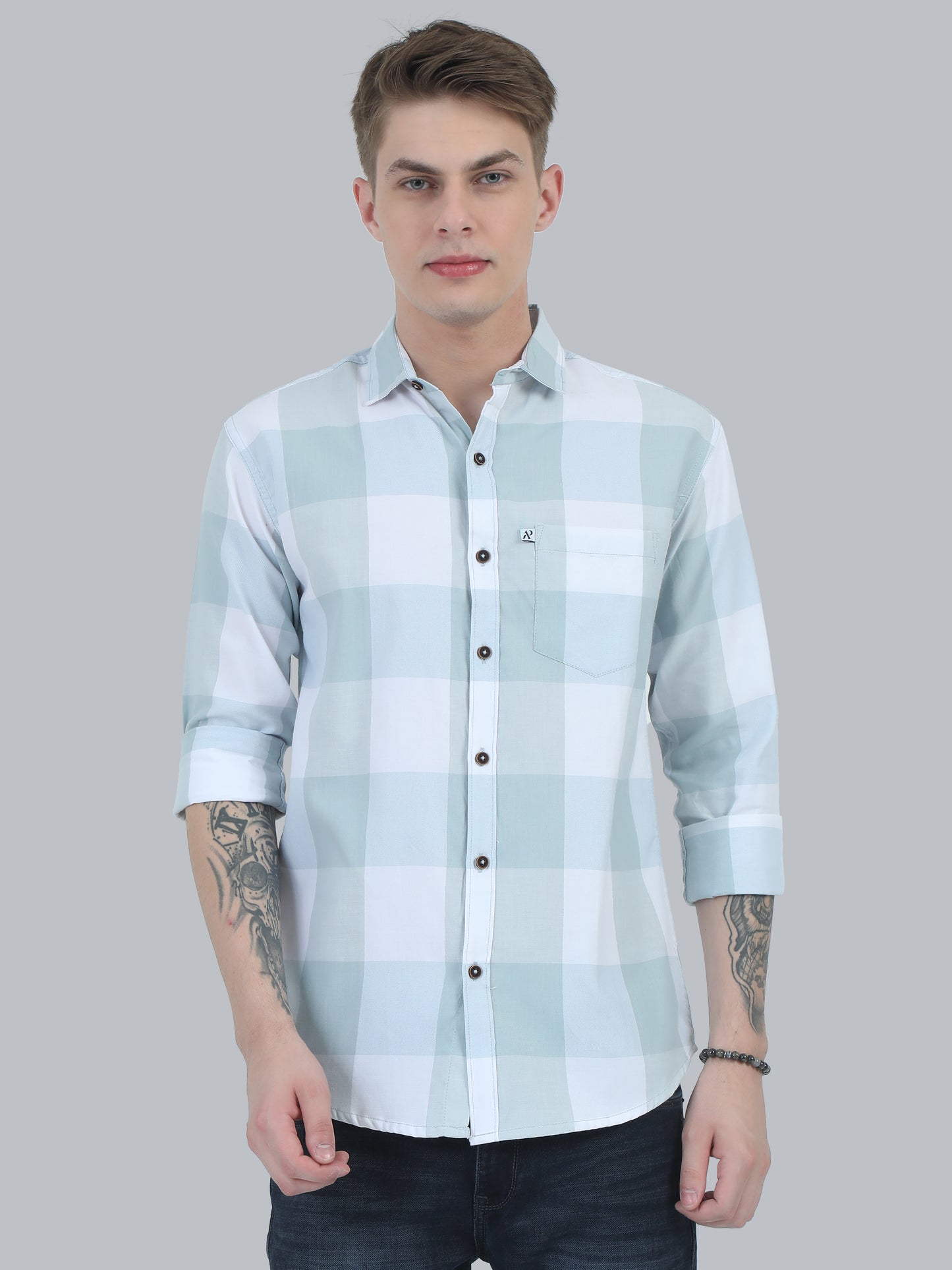 Tomlight Seagreen Full Sleeve Check Shirt for Men