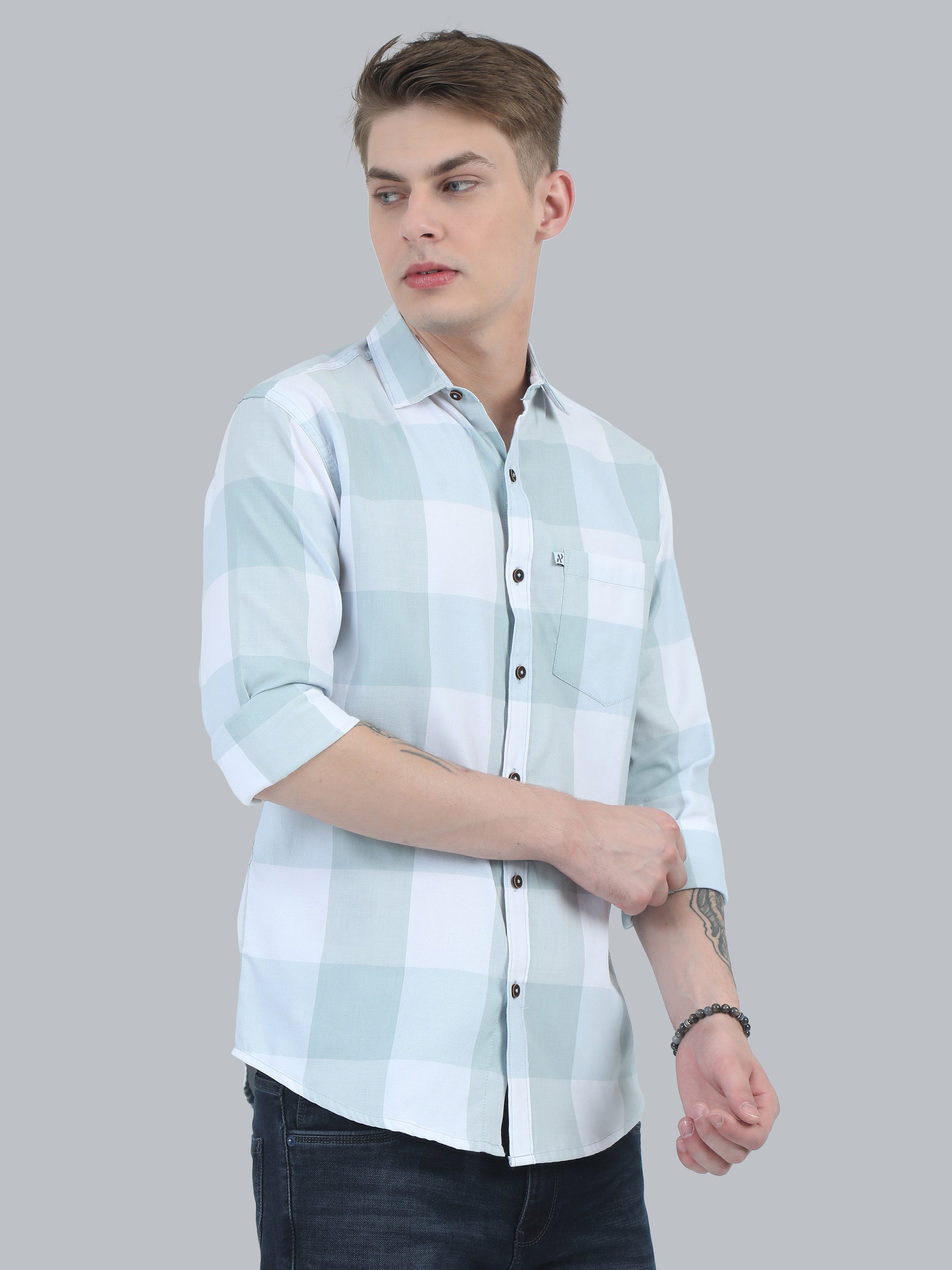 Tomlight Seagreen Full Sleeve Check Shirt for Men