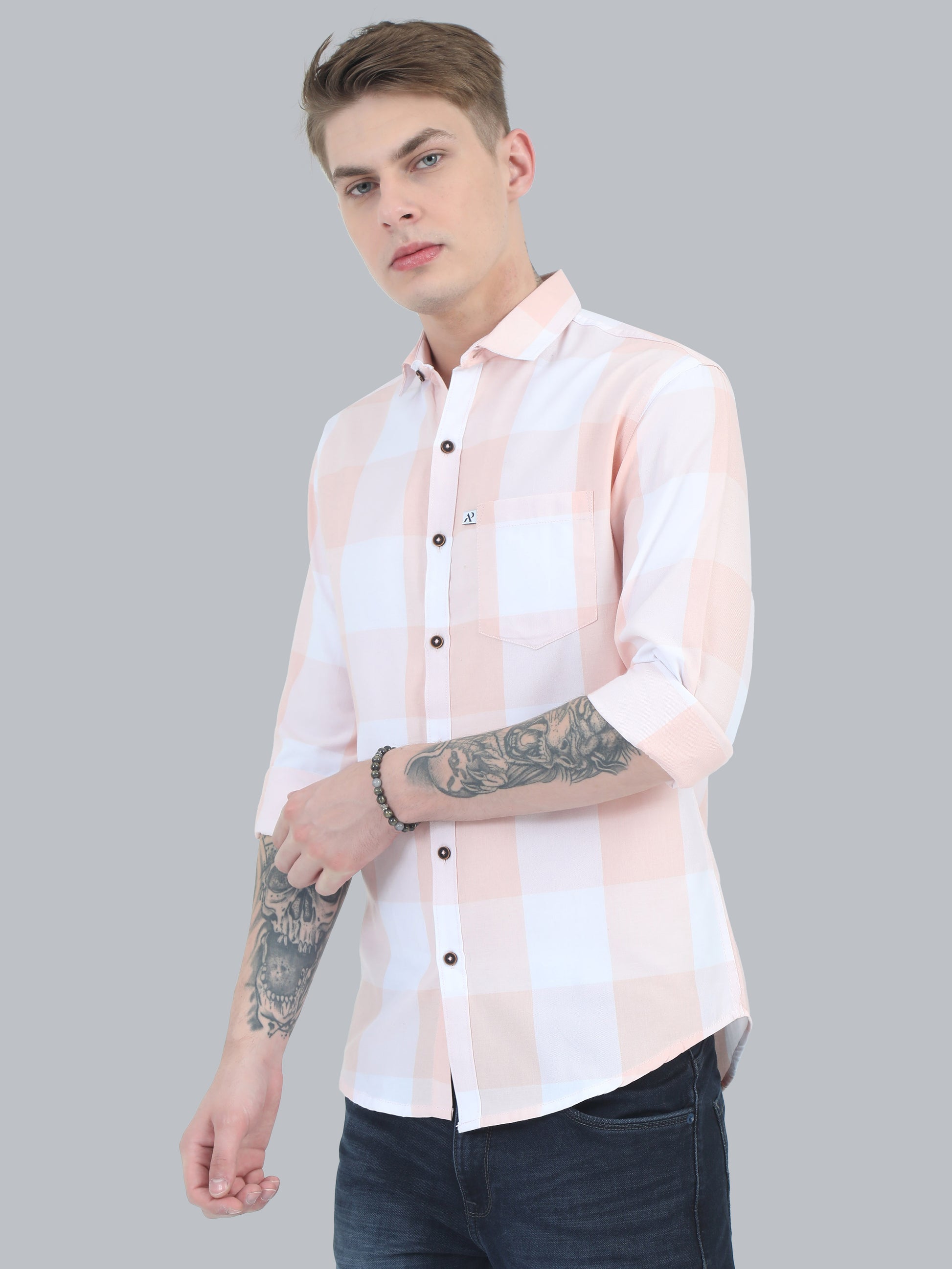 Tomlight Cotton Blend Orange Check Shirt for Men