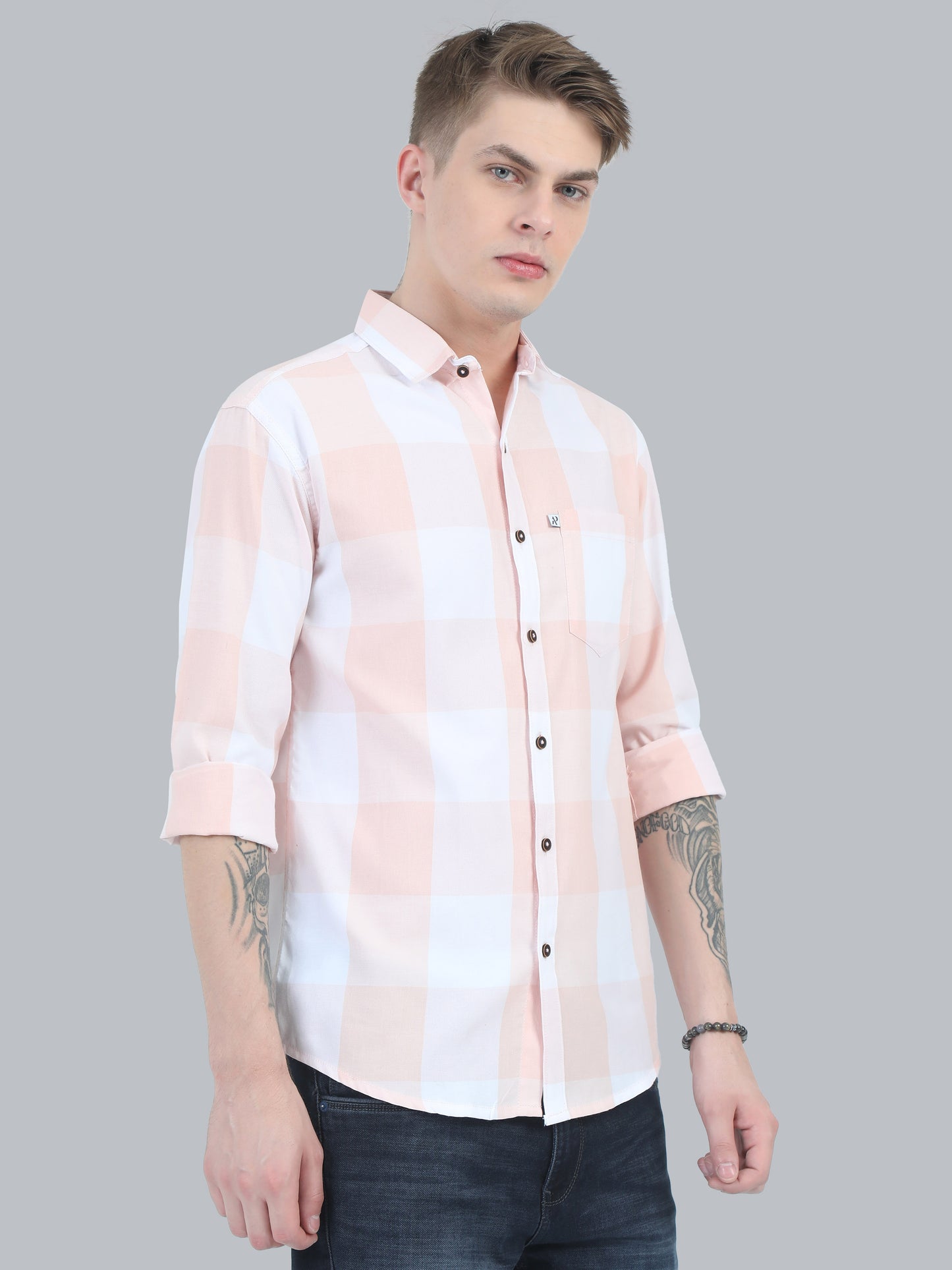 Tomlight Cotton Blend Orange Check Shirt for Men