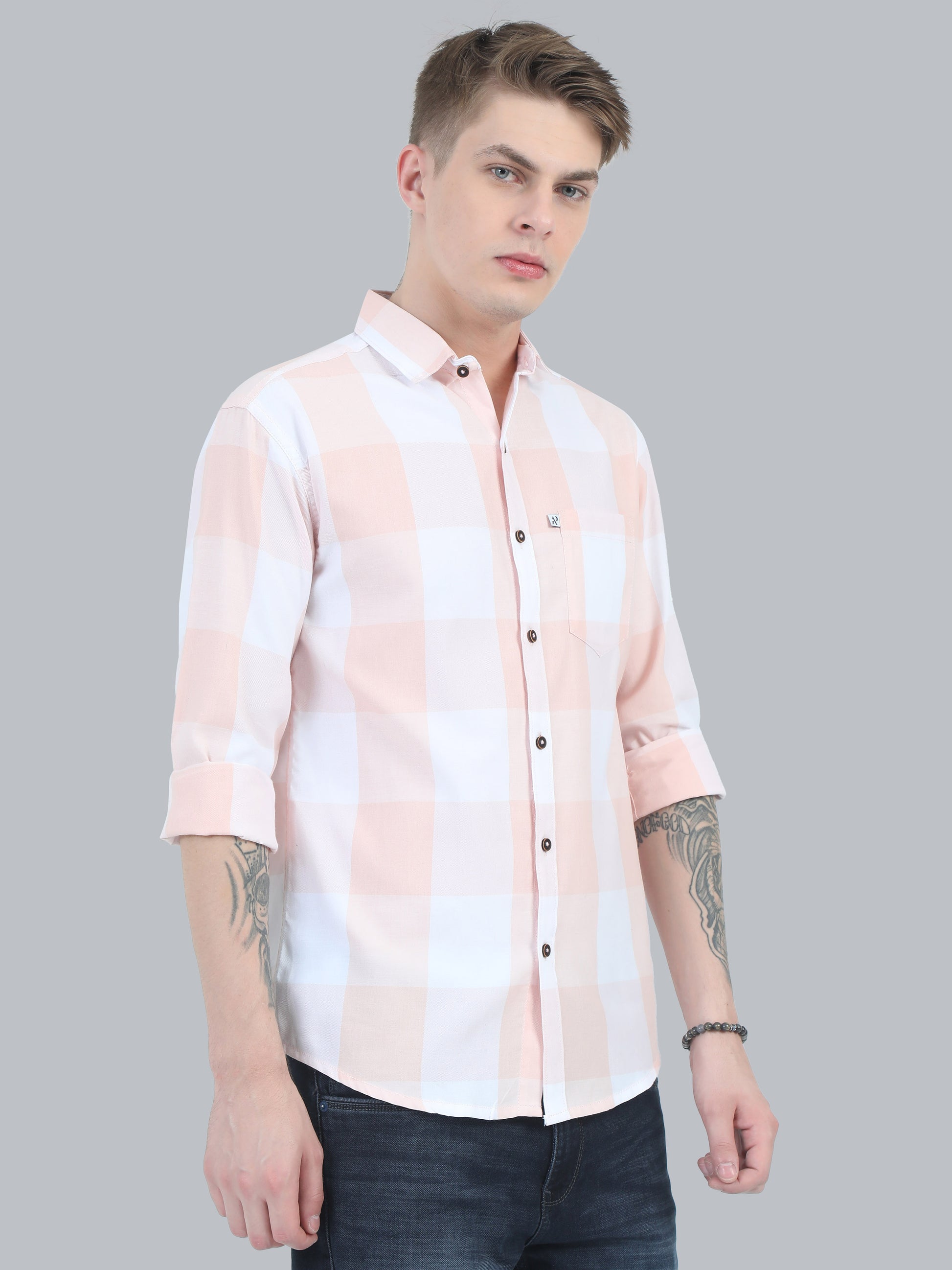 Tomlight Cotton Blend Orange Check Shirt for Men