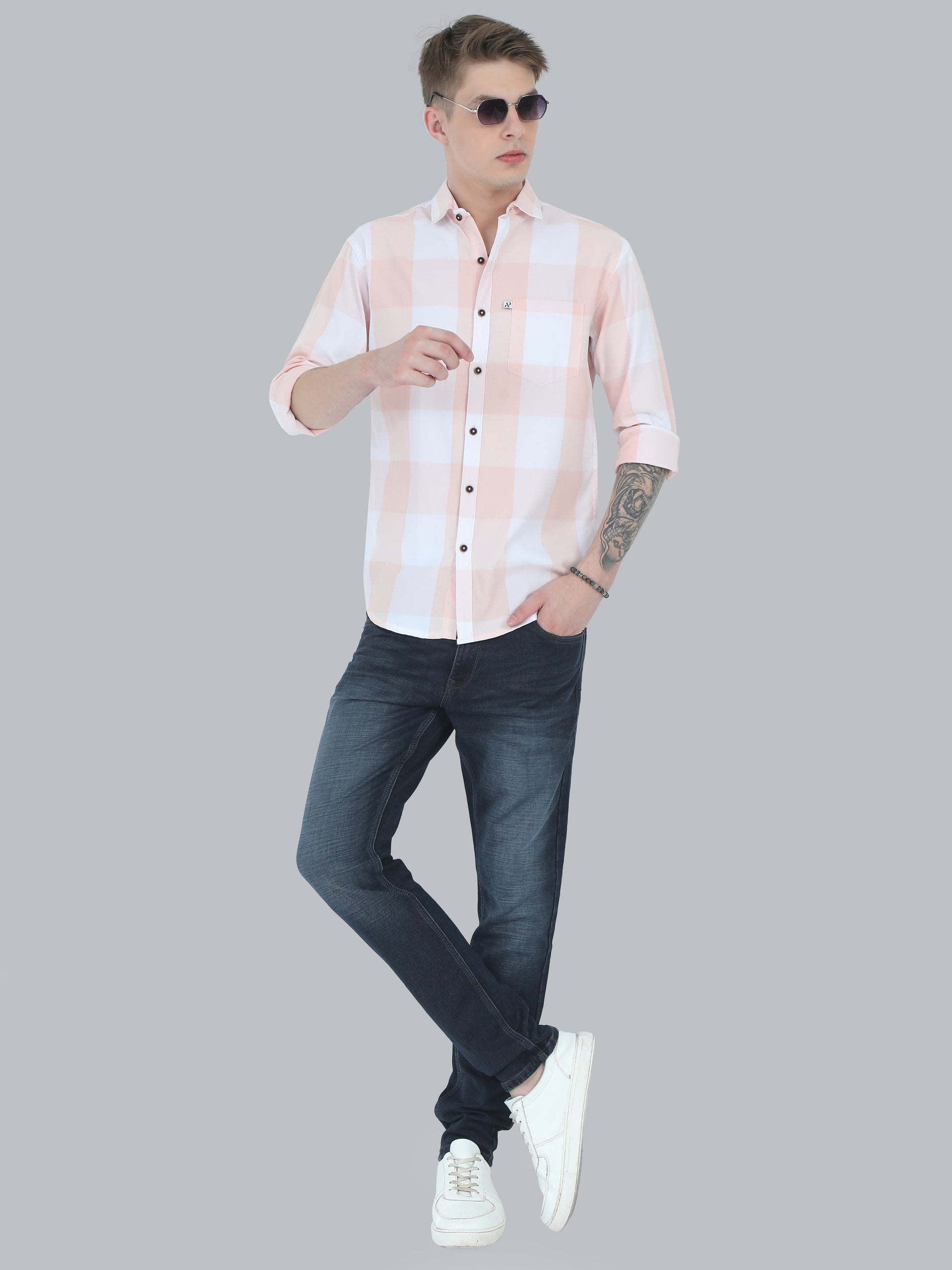 Tomlight Cotton Blend Orange Check Shirt for Men