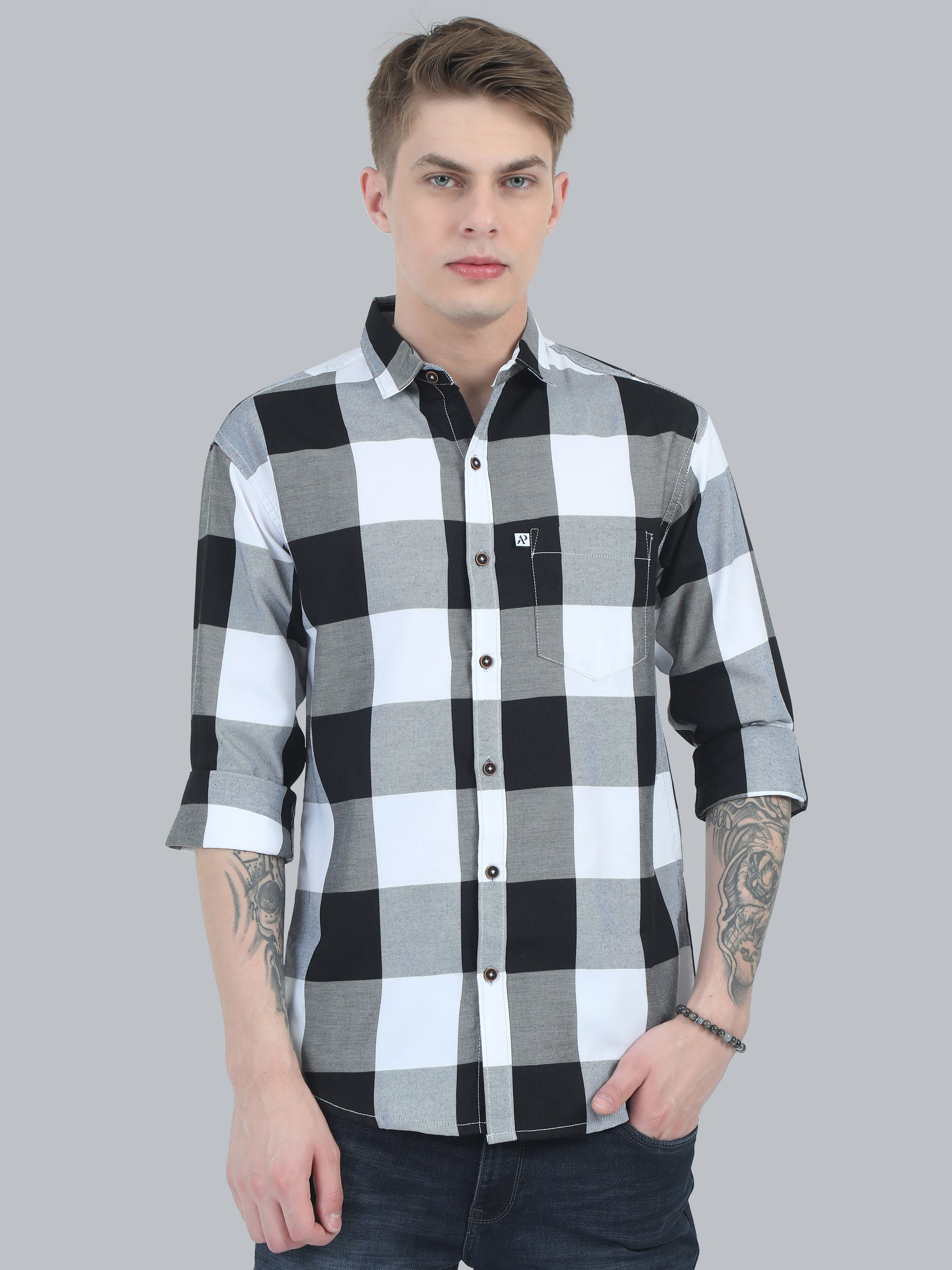 Tomlight Cotton Black and White Plaid Shirt for Men