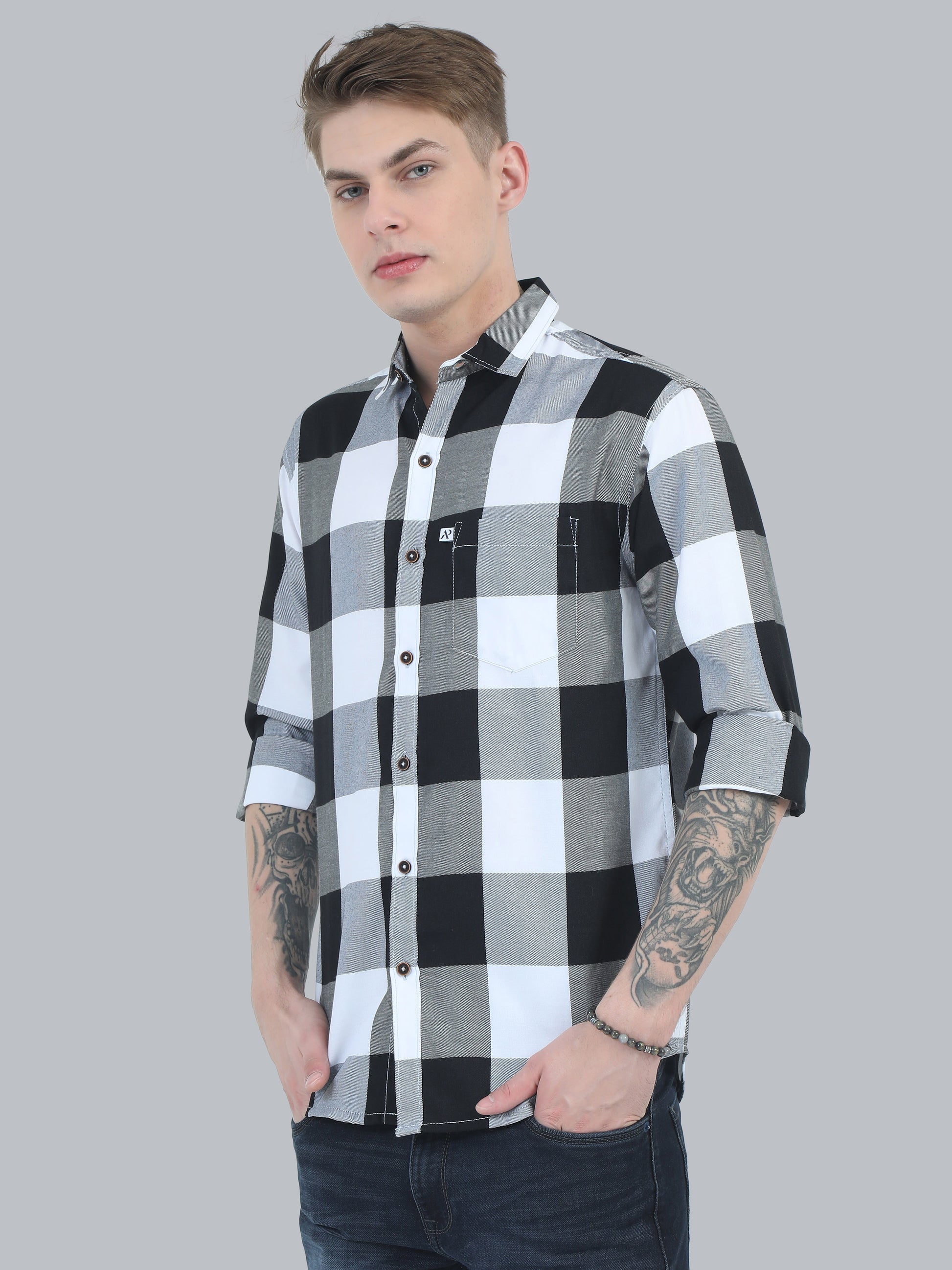 Tomlight Cotton Black and White Plaid Shirt for Men