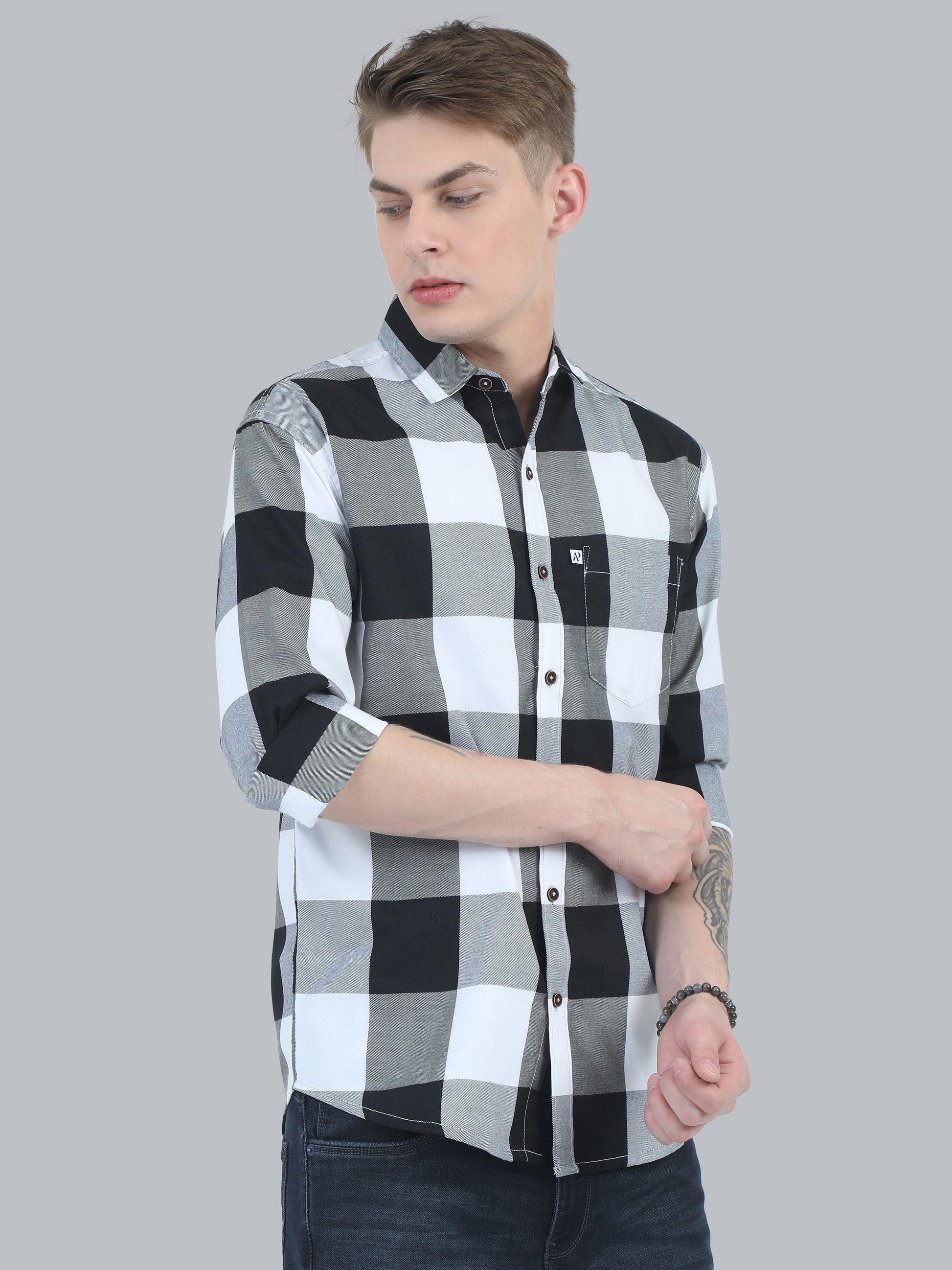 Tomlight Cotton Black and White Plaid Shirt for Men