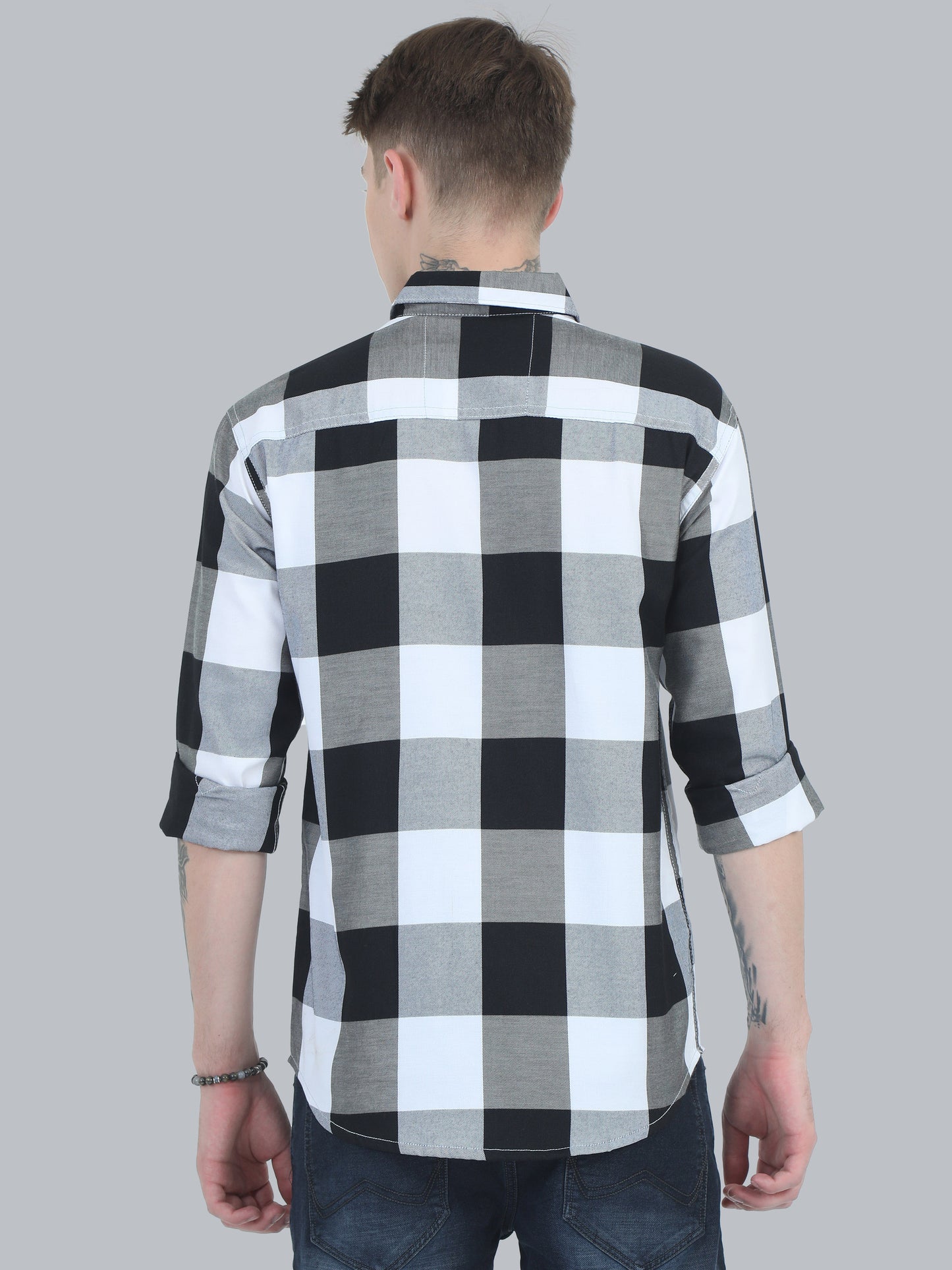 Tomlight Cotton Black and White Plaid Shirt for Men