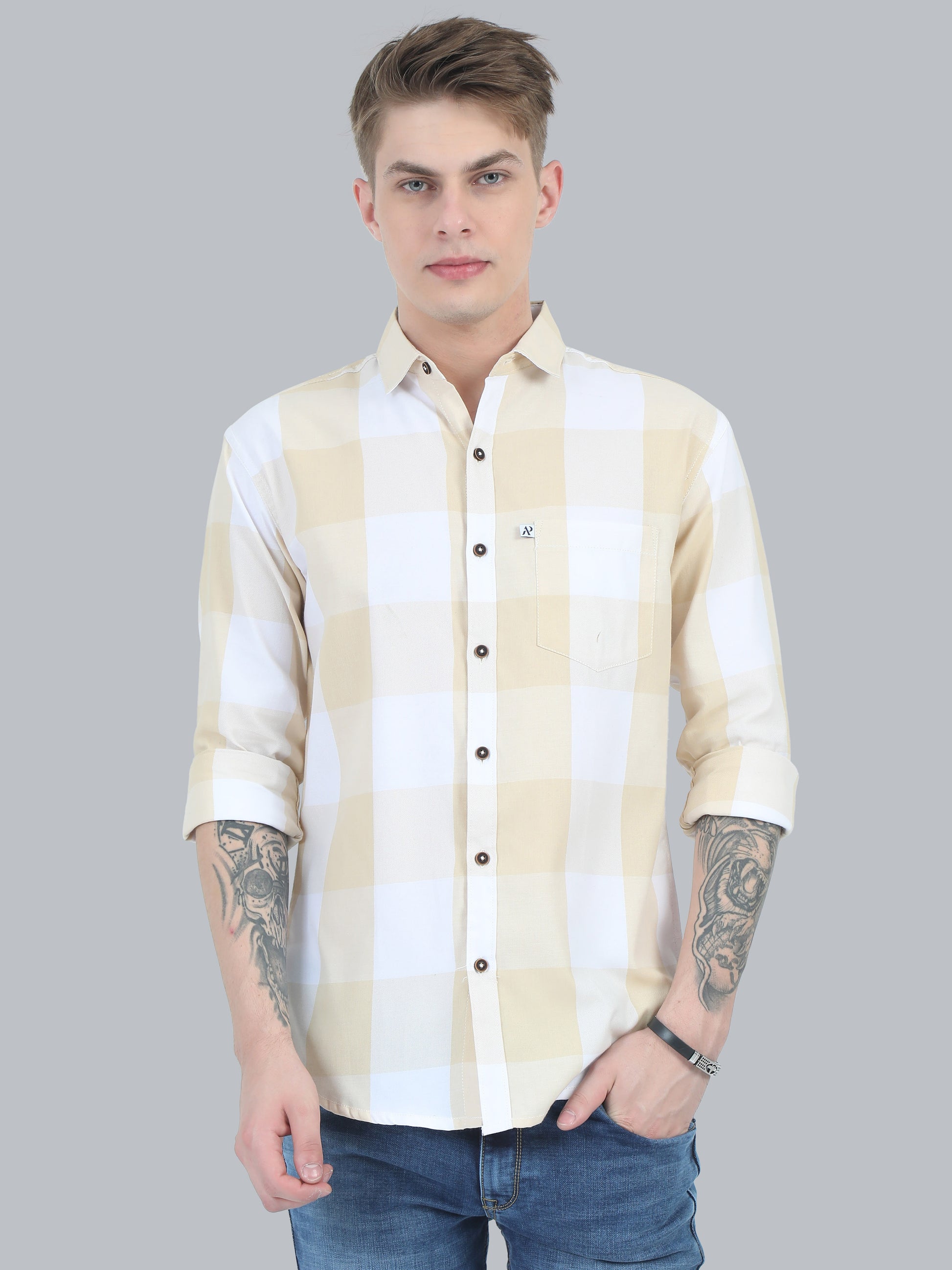 Tomlight Cotton Blend Yellow Check Shirt for Men