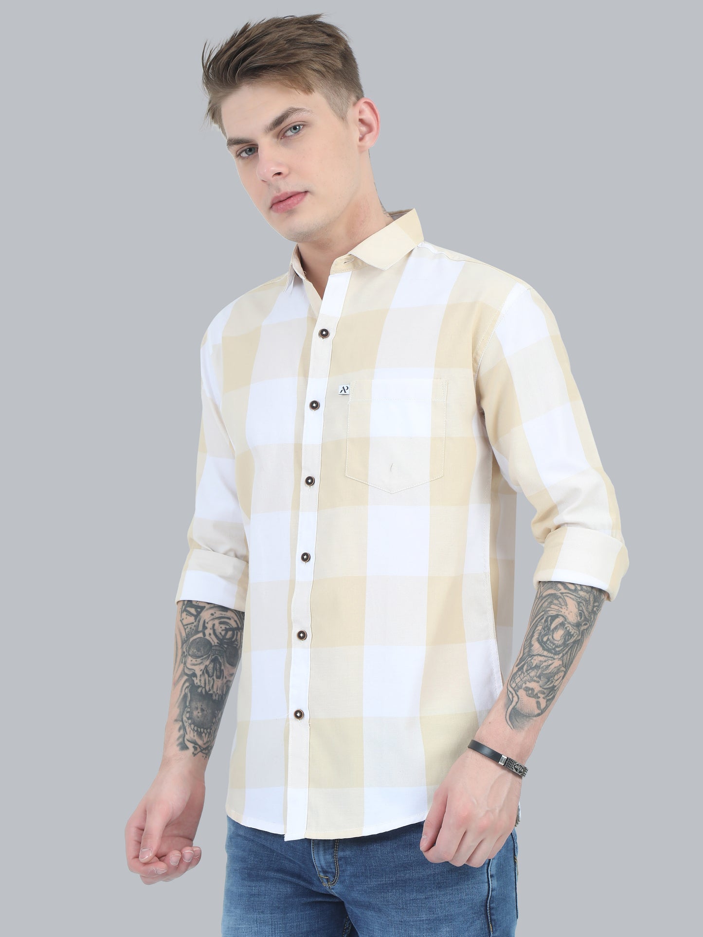 Tomlight Cotton Blend Yellow Check Shirt for Men