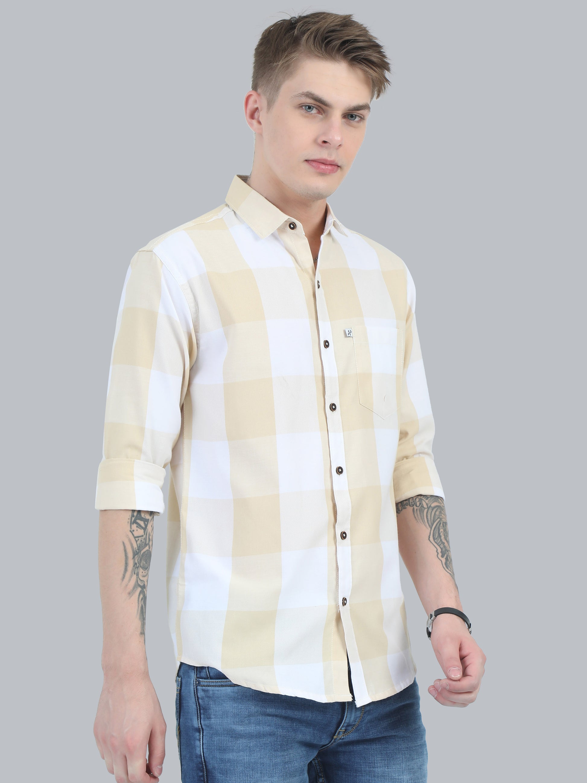 Tomlight Cotton Blend Yellow Check Shirt for Men