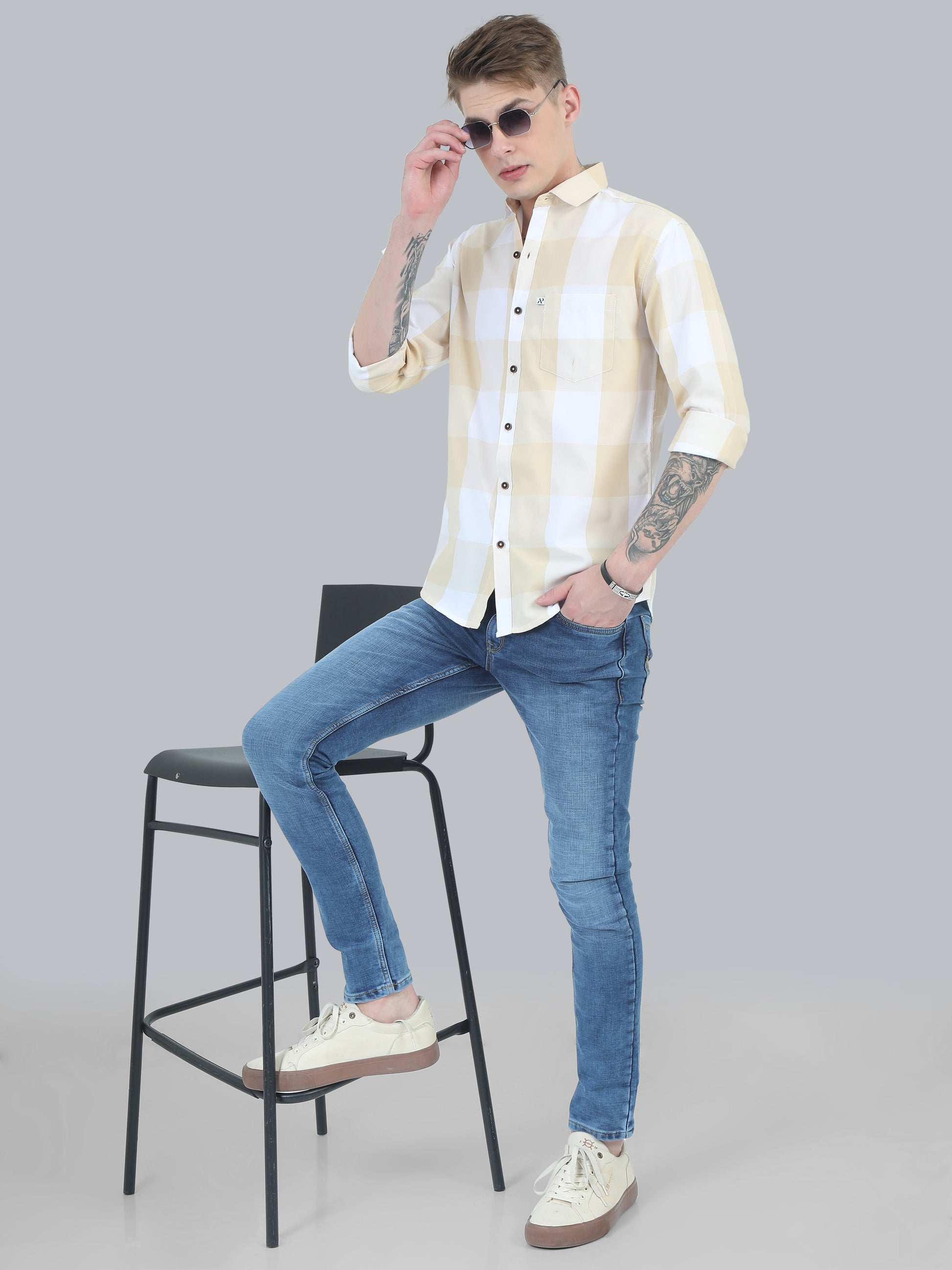 Tomlight Cotton Blend Yellow Check Shirt for Men