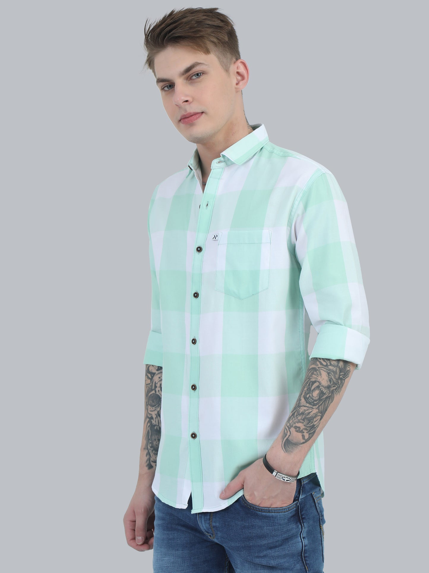 Tomlight green cotton blend checks full sleeve shirt for men