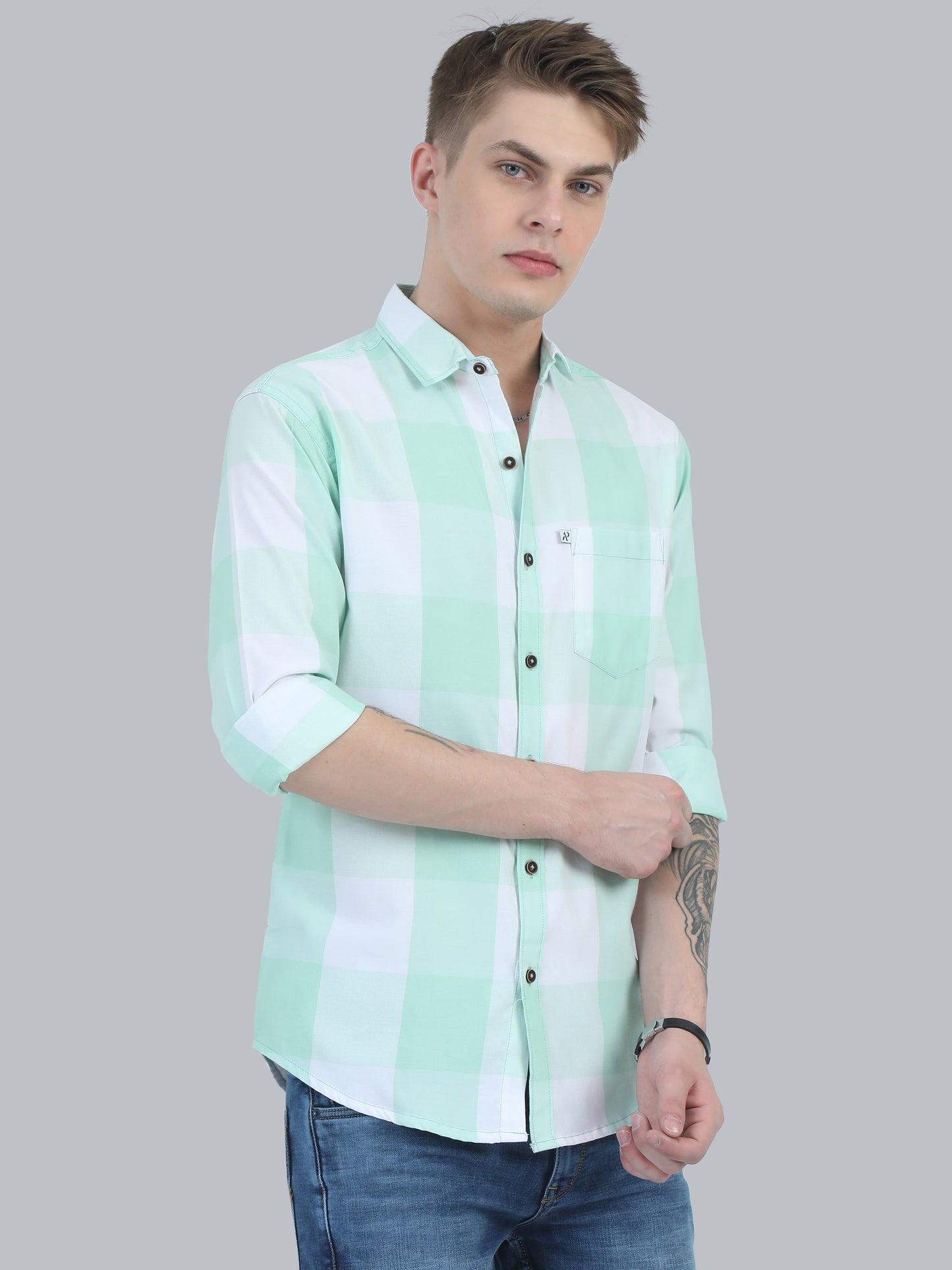 Tomlight green cotton blend checks full sleeve shirt for men