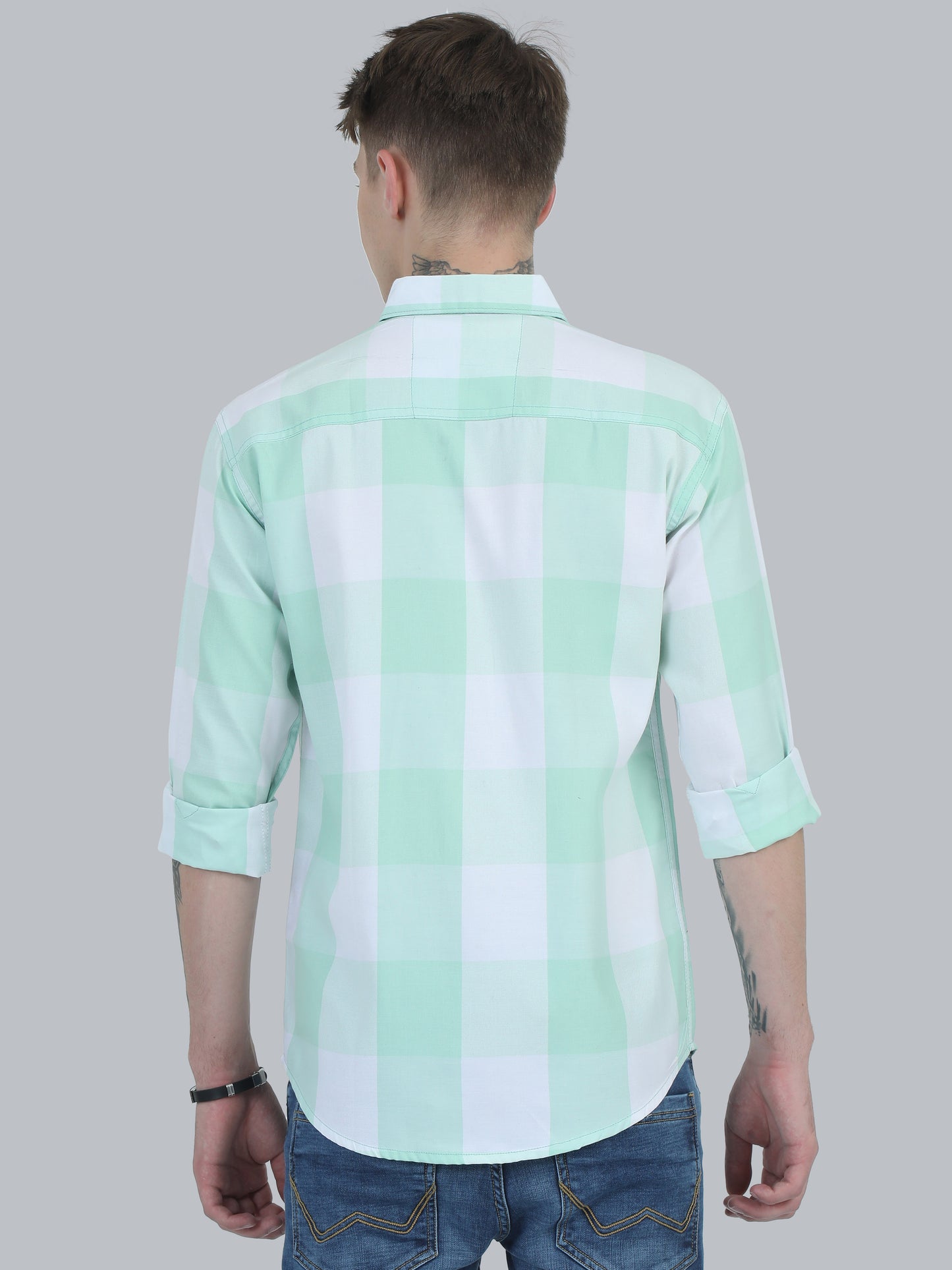 Tomlight green cotton blend checks full sleeve shirt for men