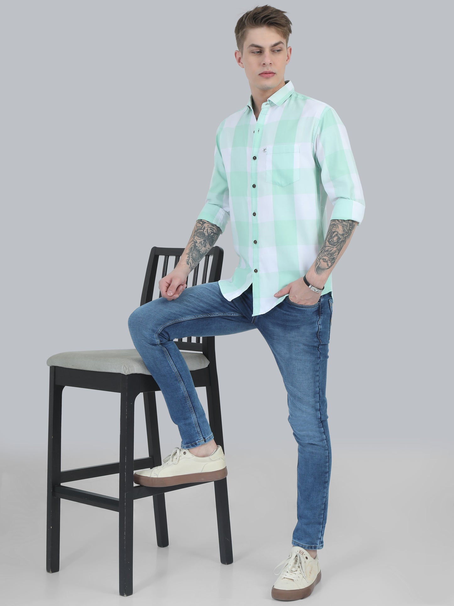 Tomlight green cotton blend checks full sleeve shirt for men