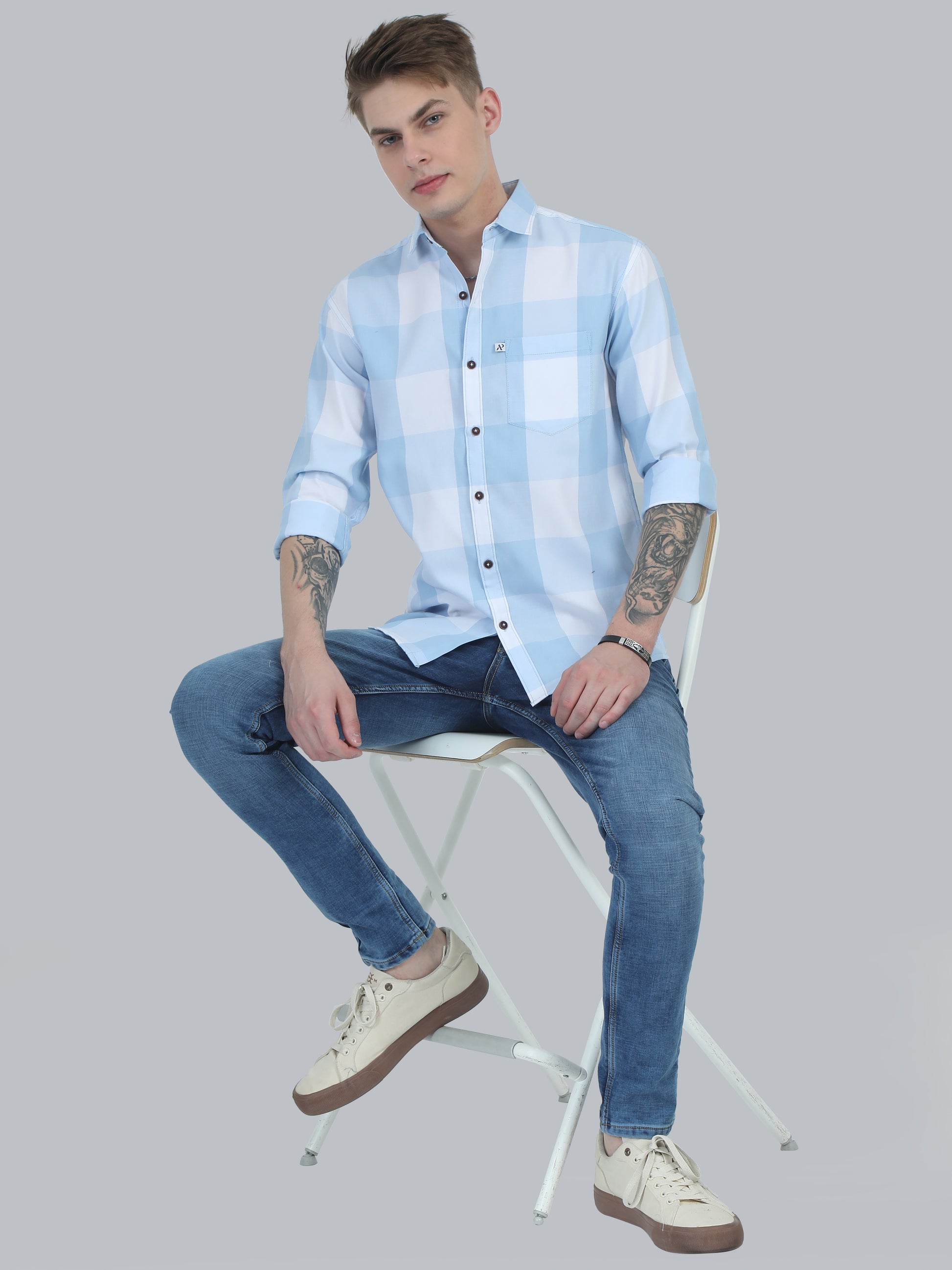 Tomlight Cotton Blend Blue Check Shirt for Men