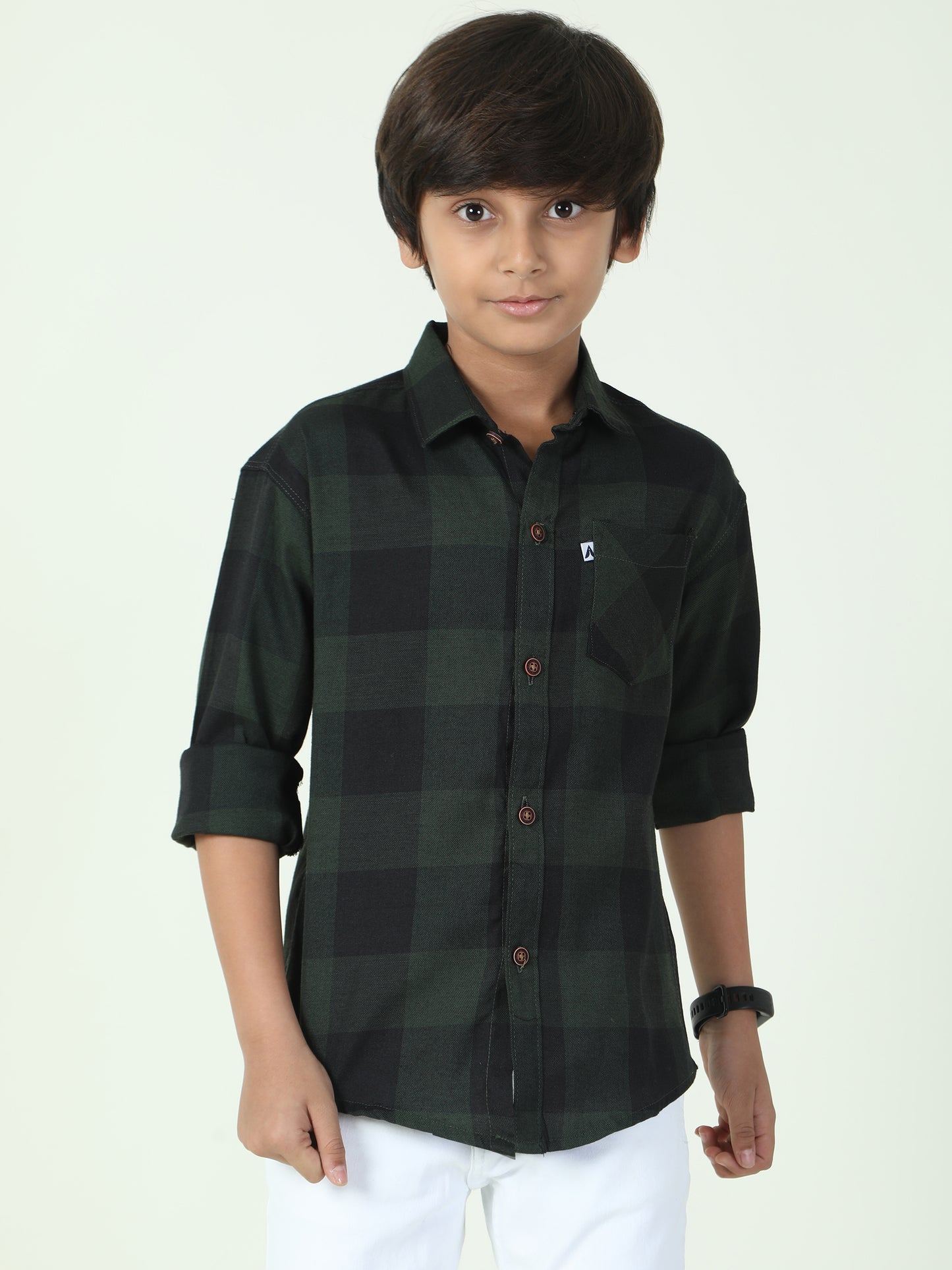 Tomtom Green Cotton Blend Checks Shirt For Kids