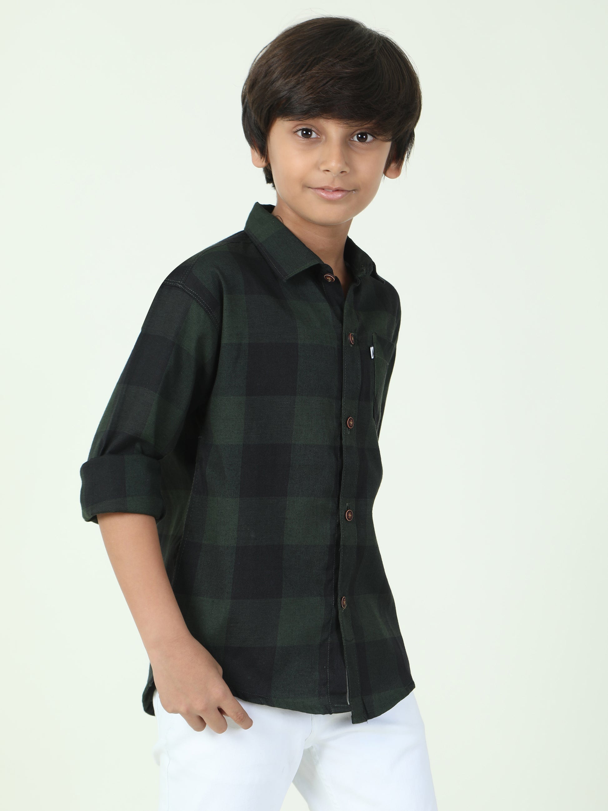 Tomtom Cotton Blend Boys Green Plaid Shirt